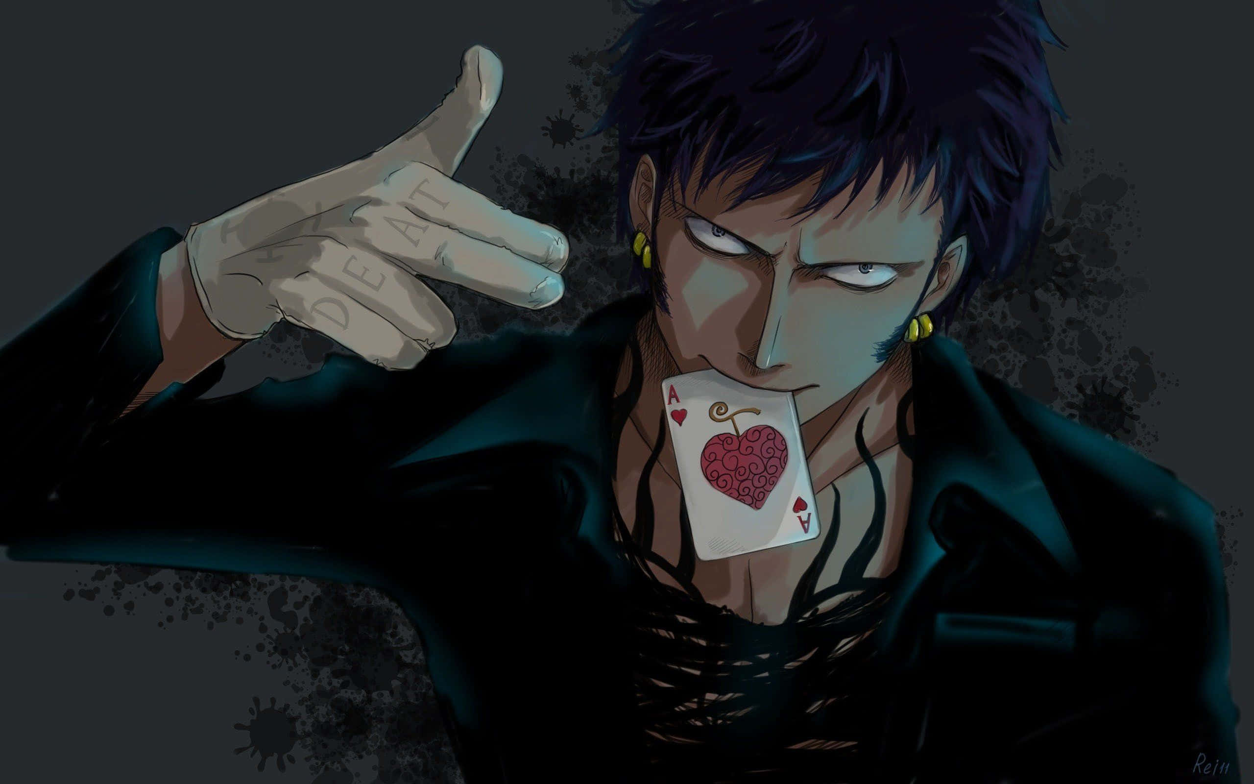 Male Anime Characters 桌布 壁紙 — 一個黑髮動漫男人穿著黑色外套，拿著紅心A牌，同時做出「交易」手勢。
