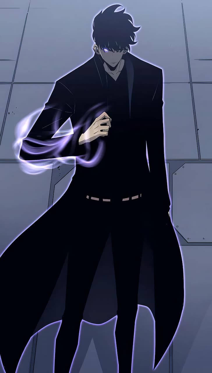 我獨自升級 桌布 壁紙 — 一個黑髮動漫男子穿著黑色西裝，在無菌的瓷磚房間中引導發光的紫色能量。