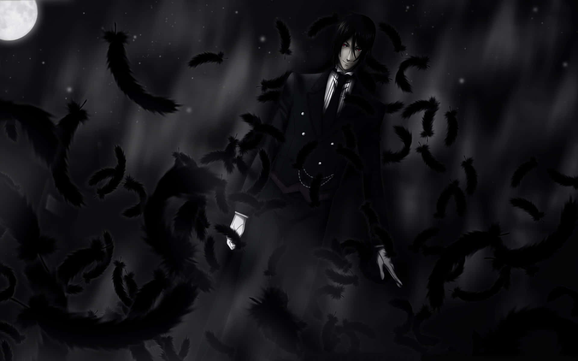 Black Butler 桌布 壁紙 — 一個黑髮動漫男子身穿黑色西裝，站在滿月下旋轉的黑色羽毛中，背景是陰沉的夜空。
