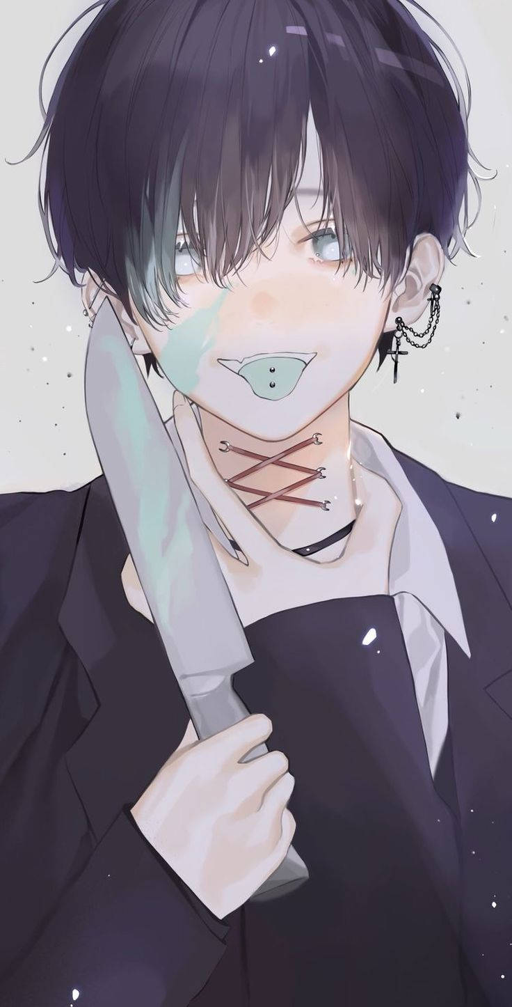 Edgy 桌布 壁紙 — 一個黑髮動漫男孩，臉頰上有一把刀，戴著十字架耳環，向上凝視，一道淡綠色的淚痕劃過他的臉龐。