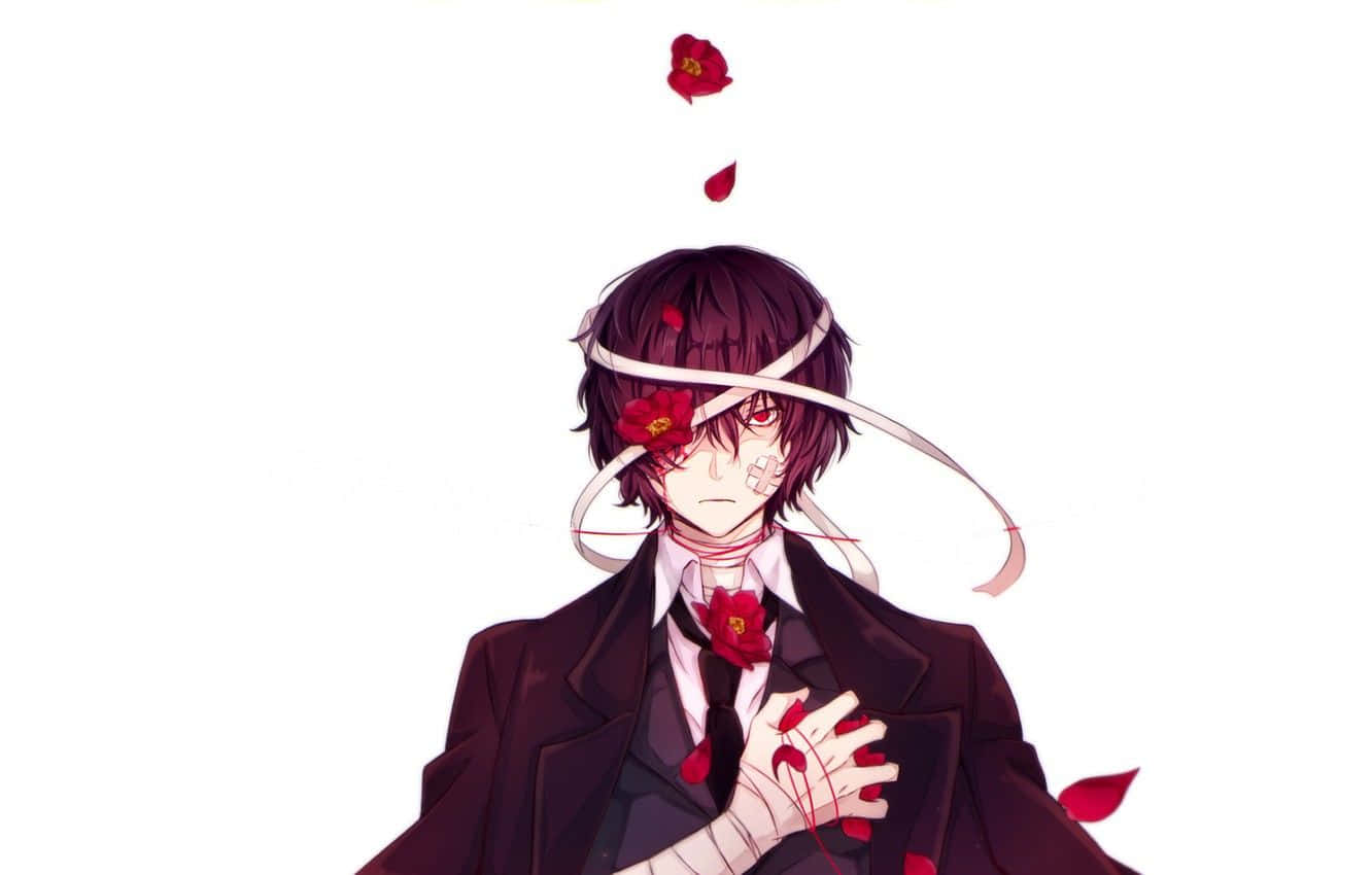bungou stray dogs 桌布 壁紙 — 一個黑髮動漫男孩，頭部和胸部纏繞著紅色花朵和絲帶，背景為純白色。