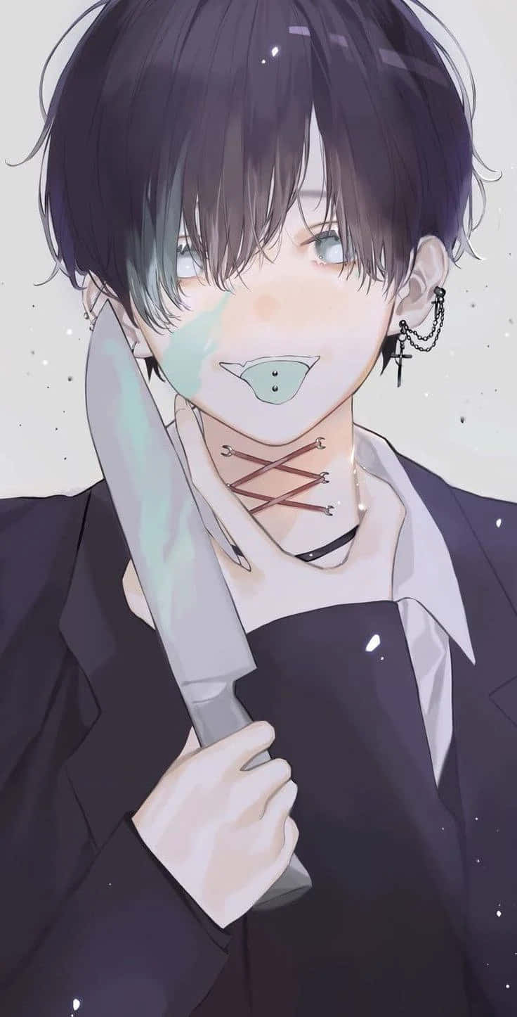 高清 桌布 壁紙 — 一個黑髮動漫男孩拿著刀，穿著黑色西裝和十字架項鍊，在斑點背景前溫柔地微笑。