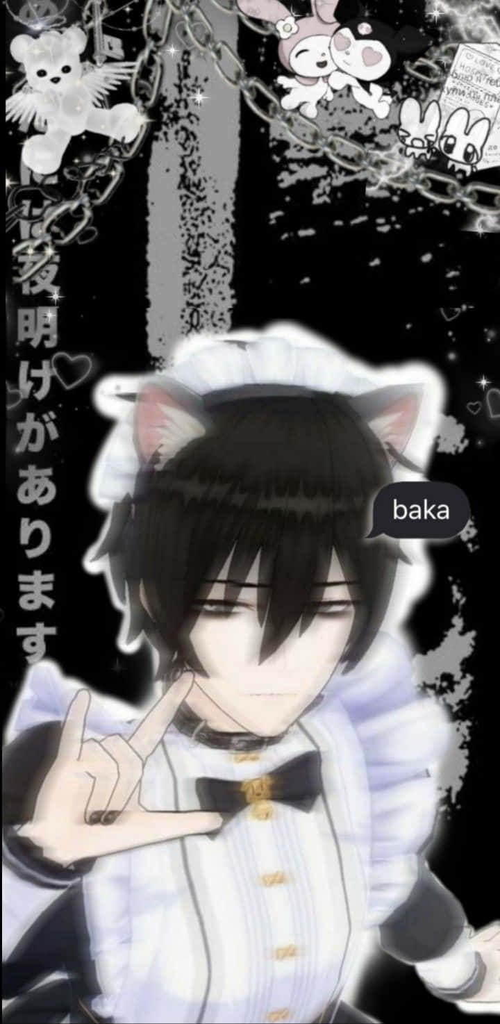 Emo Anime Boy 桌布 壁紙 — 一個黑髮動漫男孩穿著女僕裝戴著貓耳，在黑暗背景中做出手勢，周圍有漂浮的卡通角色和鎖鏈。