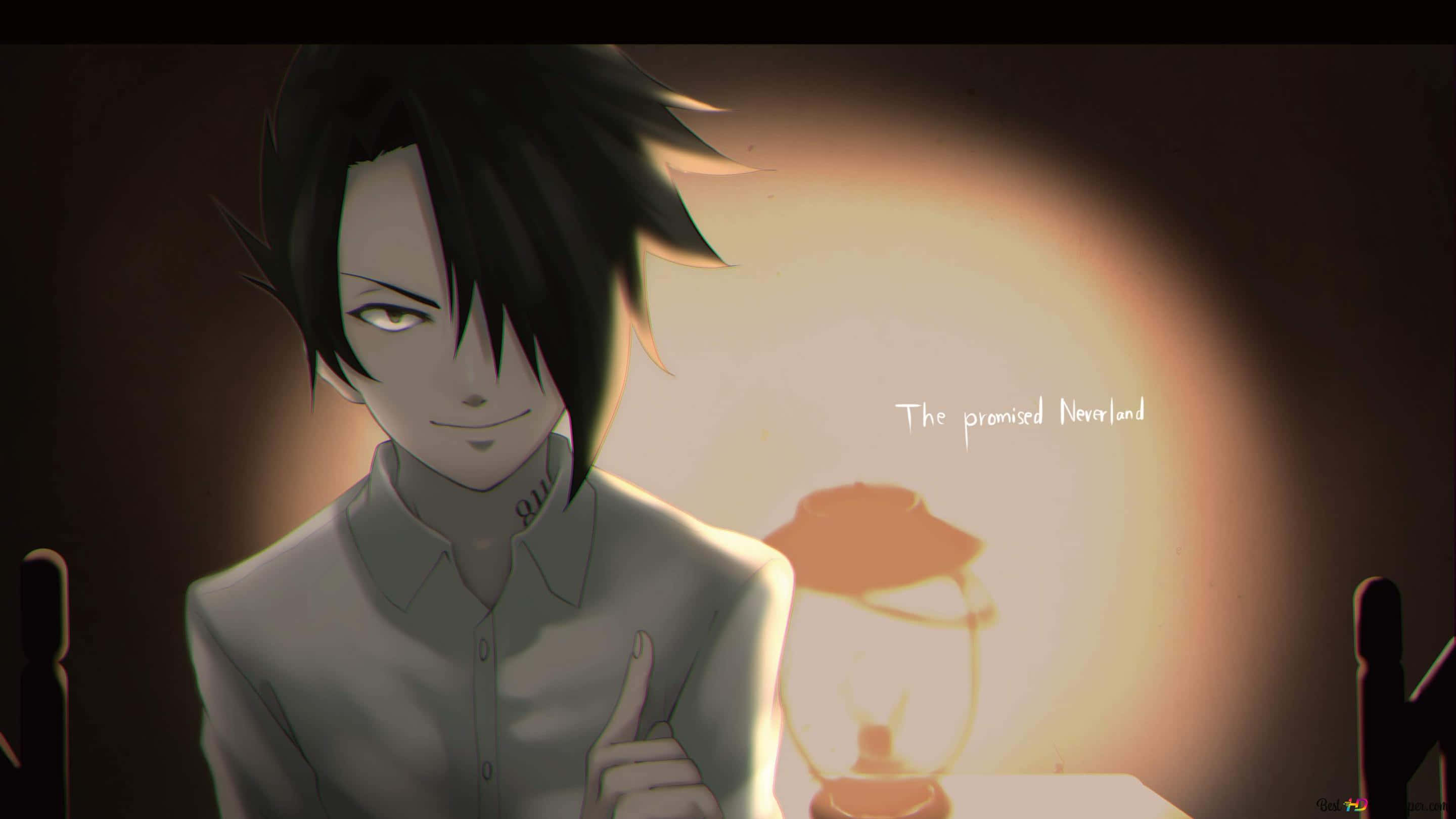 鋼之鍊金術師 BROTHERHOOD 桌布 壁紙 — 一個黑髮動漫男孩穿著有領襯衫，在一個發光的燈籠旁邊豎起大拇指，燈籠上有'The promised Neverland'字樣。