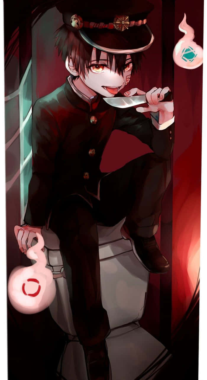 Hanako Kun 桌布 壁紙 — 一個黑髮動漫男孩穿著校服，在紅色燈光的走廊裡拿著一把刀和發光的粉紅色靈魂。