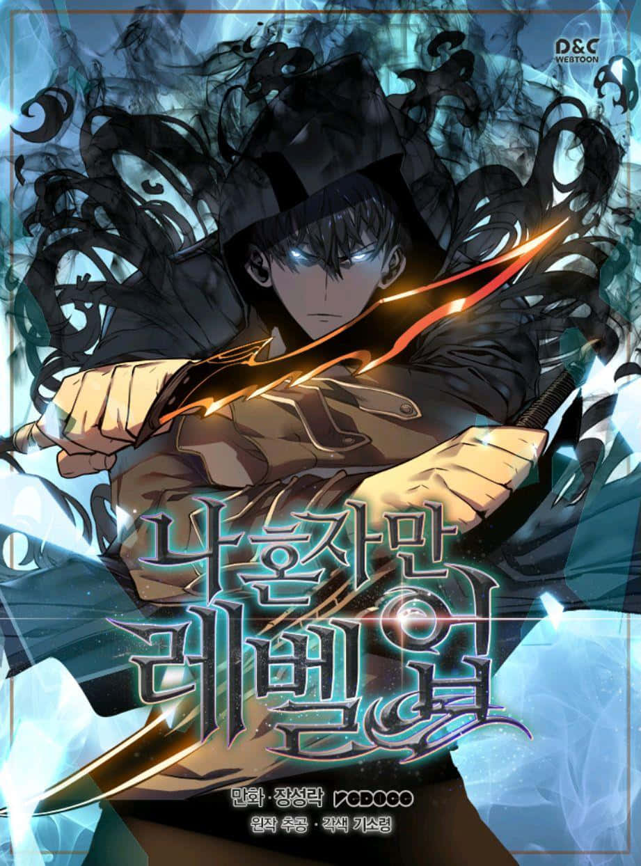 我獨自升級 桌布 壁紙 — 一個黑髮動漫男孩穿著連帽衫，在藍色水晶背景下揮舞著發光的劍，周圍環繞著旋轉的黑色能量。