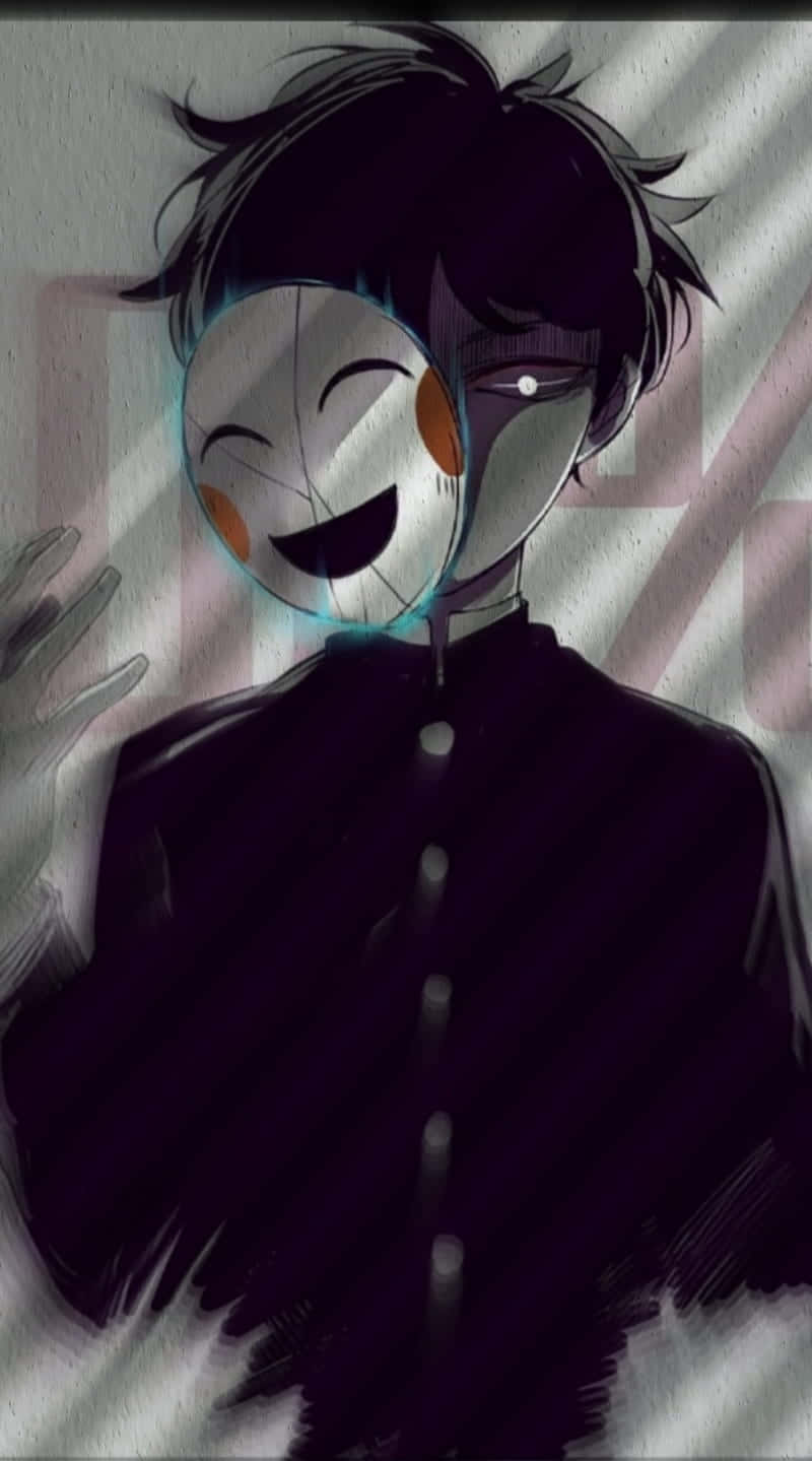 Anime Boy With Black Hair 桌布 壁紙 — 一個黑髮動漫男孩穿著黑色制服，在紋理灰色牆壁前，將一個發光的快樂面具舉在臉的一半上。