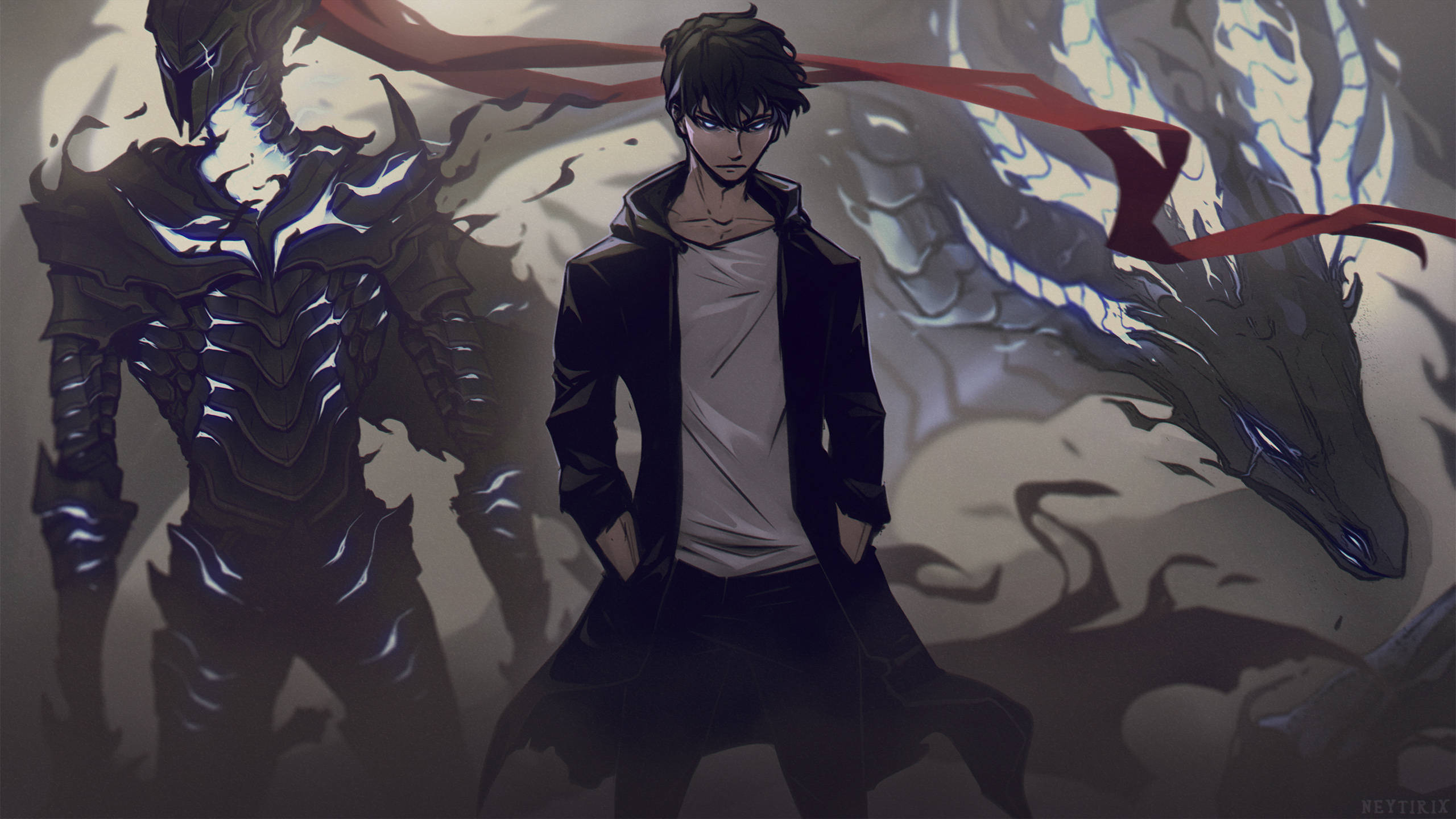 Solo Leveling 4K 桌布 壁紙 — 一個黑髮動漫男孩穿著黑色外套，自信地站在一條帶有飄逸紅絲帶的威嚴裝甲龍旁邊，背景是煙霧繚繞的灰色。