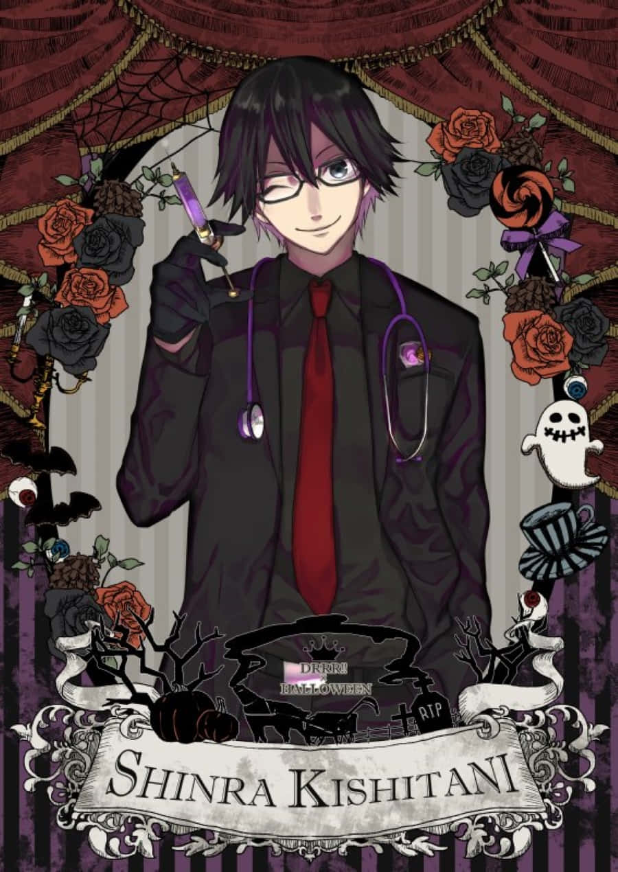 Shinra Kishitani 桌布 壁紙 — 一個黑髮動漫男孩穿著黑色西裝和紅色領帶，手持注射器，周圍環繞著玫瑰、骷髏和萬聖節裝飾。