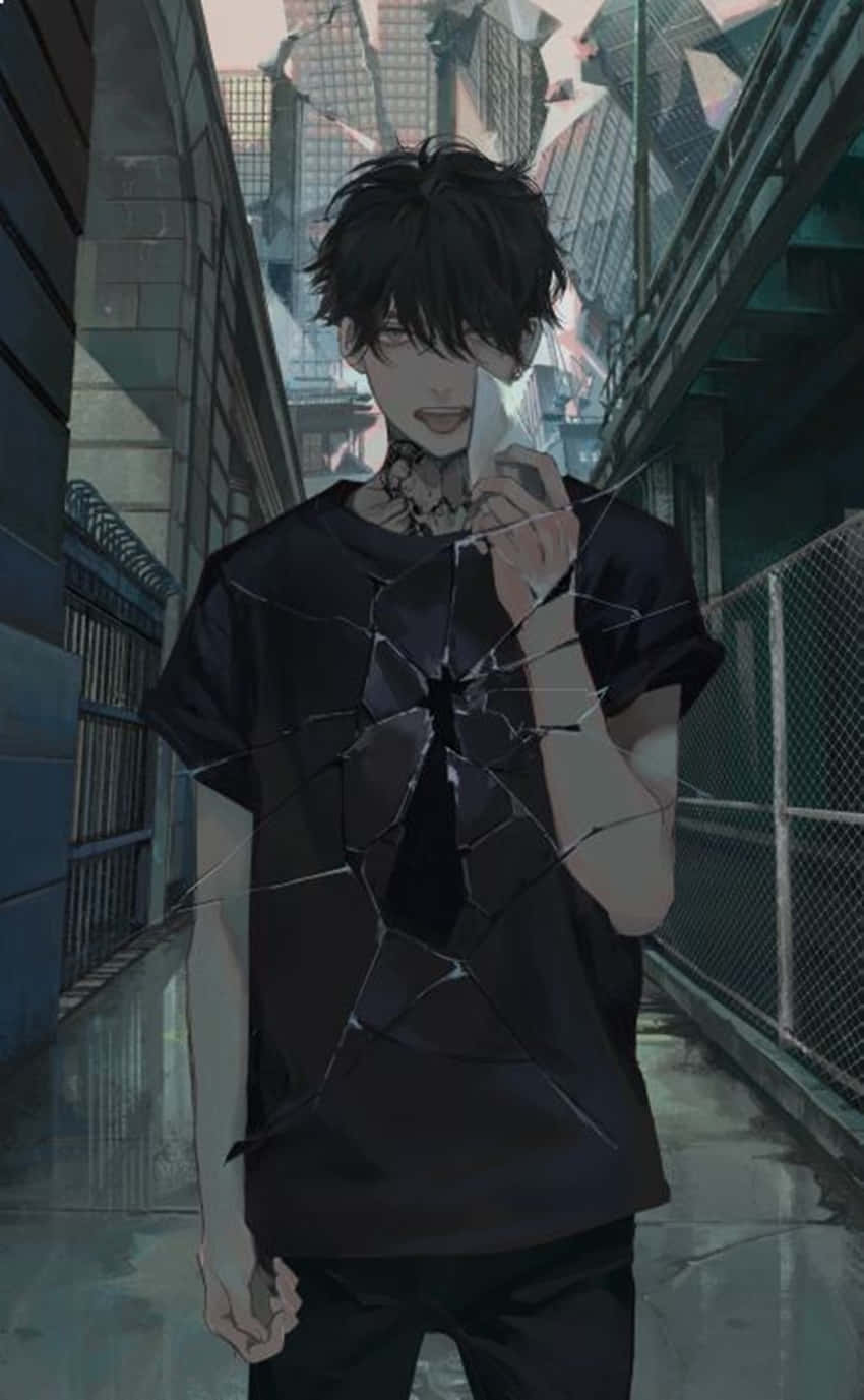桌布 壁紙 — 一個黑髮動漫男孩站在下雨的小巷中，他的軀幹像破碎的玻璃一樣碎裂，帶有破碎鏡子效果。