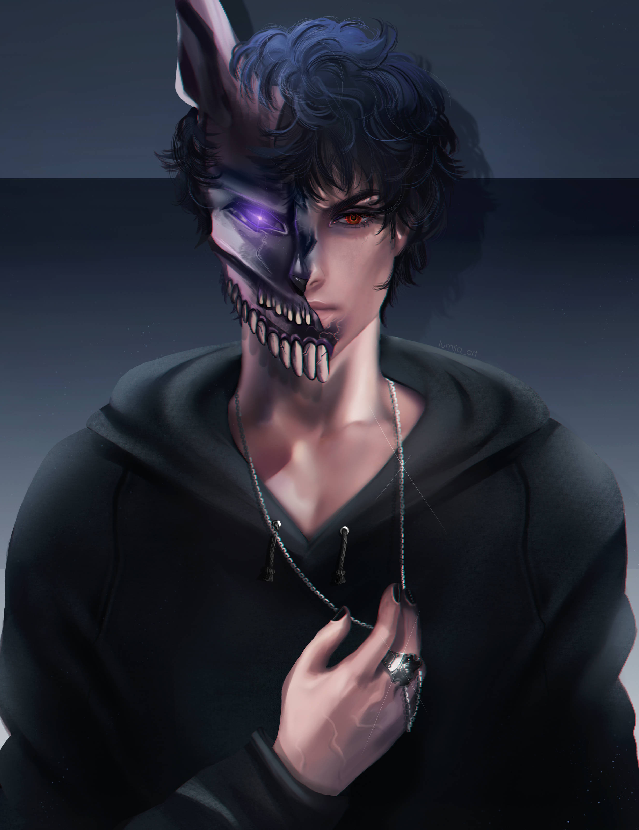 Corpse 桌布 壁紙 — 一個黑髮動漫角色，半人半骷髏臉，發光的紫色眼睛，穿著黑色連帽衫，拿著一條鏈條項鍊。