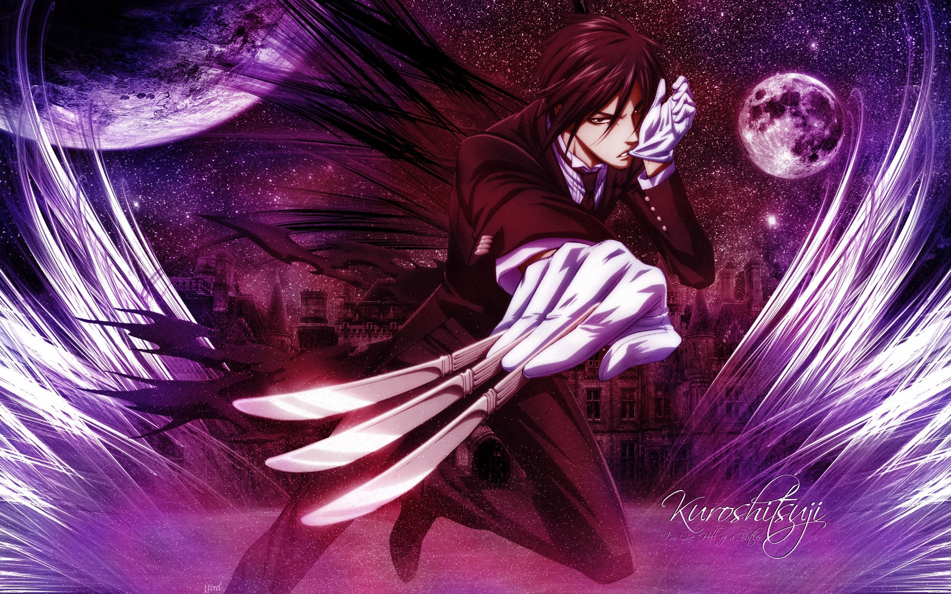 Black Butler 桌布 壁紙 — 一個黑髮動漫角色，手持發光刀刃，擁有紫色翅膀，站在有兩個月亮的星空夜空下。