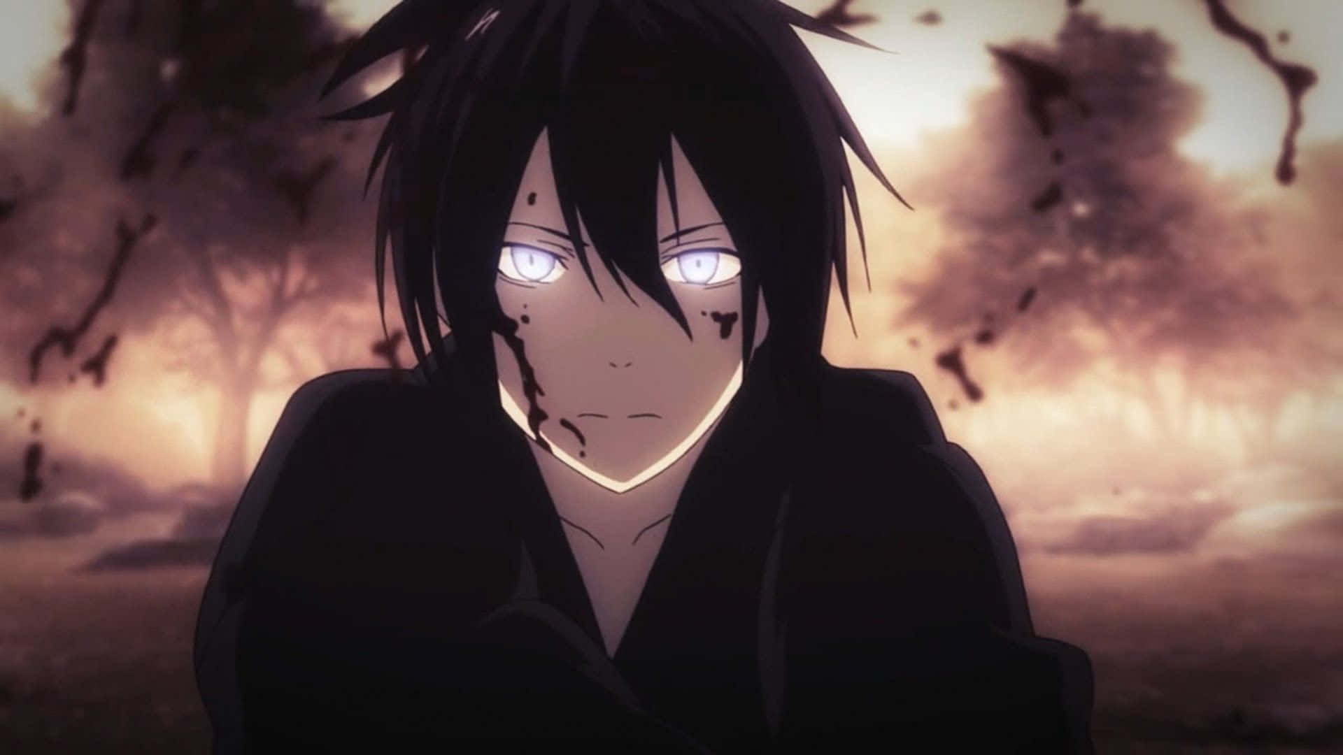 Noragami 桌布 壁紙 — 一個黑髮動漫角色，擁有發光的白色眼睛和血痕，在熾熱的日落背景下強烈凝視。