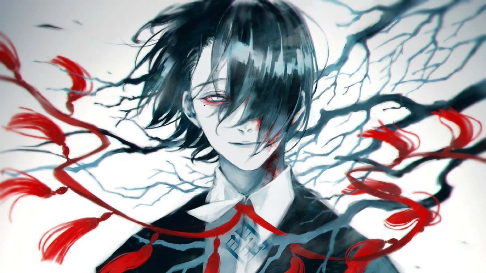 Seidou Takizawa 桌布 壁紙 — 一個黑髮動漫角色，擁有紅色眼睛和血一般的條紋，在純白背景上旋轉的紅色絲帶和黑色樹枝中微笑。