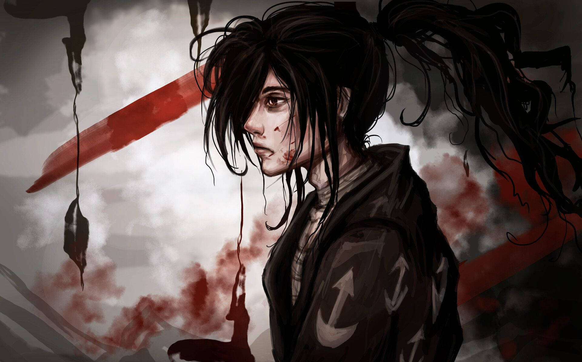 多羅羅 桌布 壁紙 — 一個黑髮動漫角色，臉上和外套沾滿鮮血，站在風暴天空下，天空有紅色條紋和滴落的血。