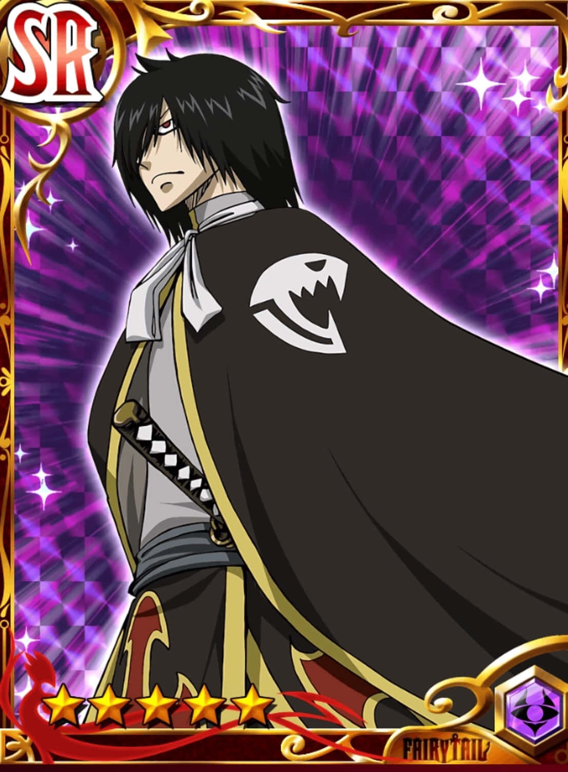 Rogue Cheney 桌布 壁紙 — 一個黑髮動漫角色，身穿黑色斗篷，上有白色狼徽章，站在充滿活力的紫色星空背景前。