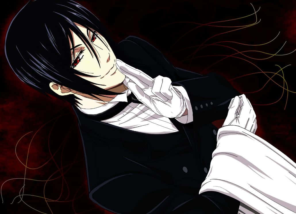 sebastian michaelis 桌布 壁紙 — 一個黑髮動漫角色，身穿黑色西裝和白色手套，在帶有漩渦線條的紅色背景上露出陰險的笑容。