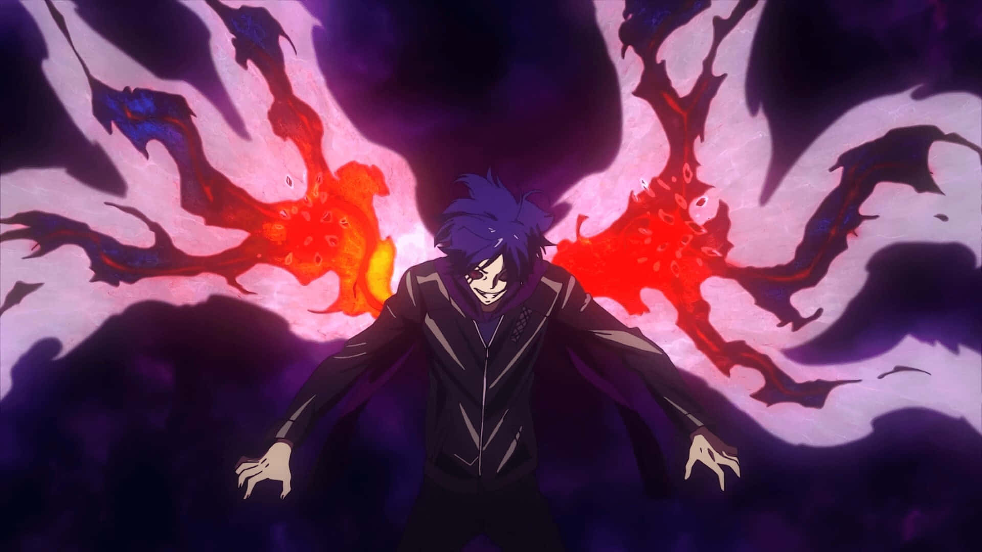 Ayato Kirishima 桌布 壁紙 — 一個黑髮動漫角色張開雙臂站立，身後爆發熾熱的紅色和紫色能量，場面戲劇性十足。