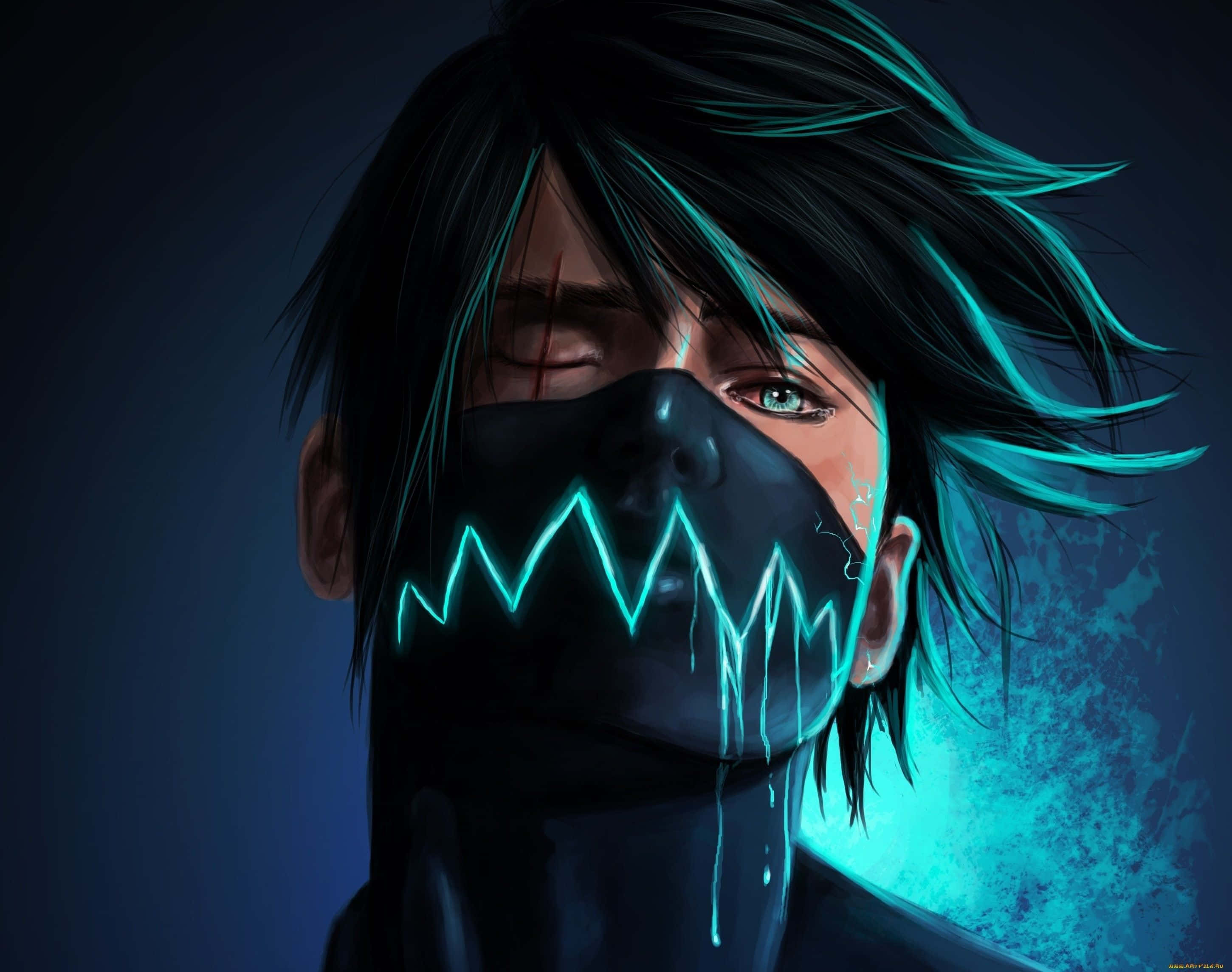 Dark Anime Boy 桌布 壁紙 — 一個黑髮動漫角色睜著一隻眼，戴著發光的藍色鋸齒面具，電藍色液體從面具滴落，背景是憂鬱的藍色。