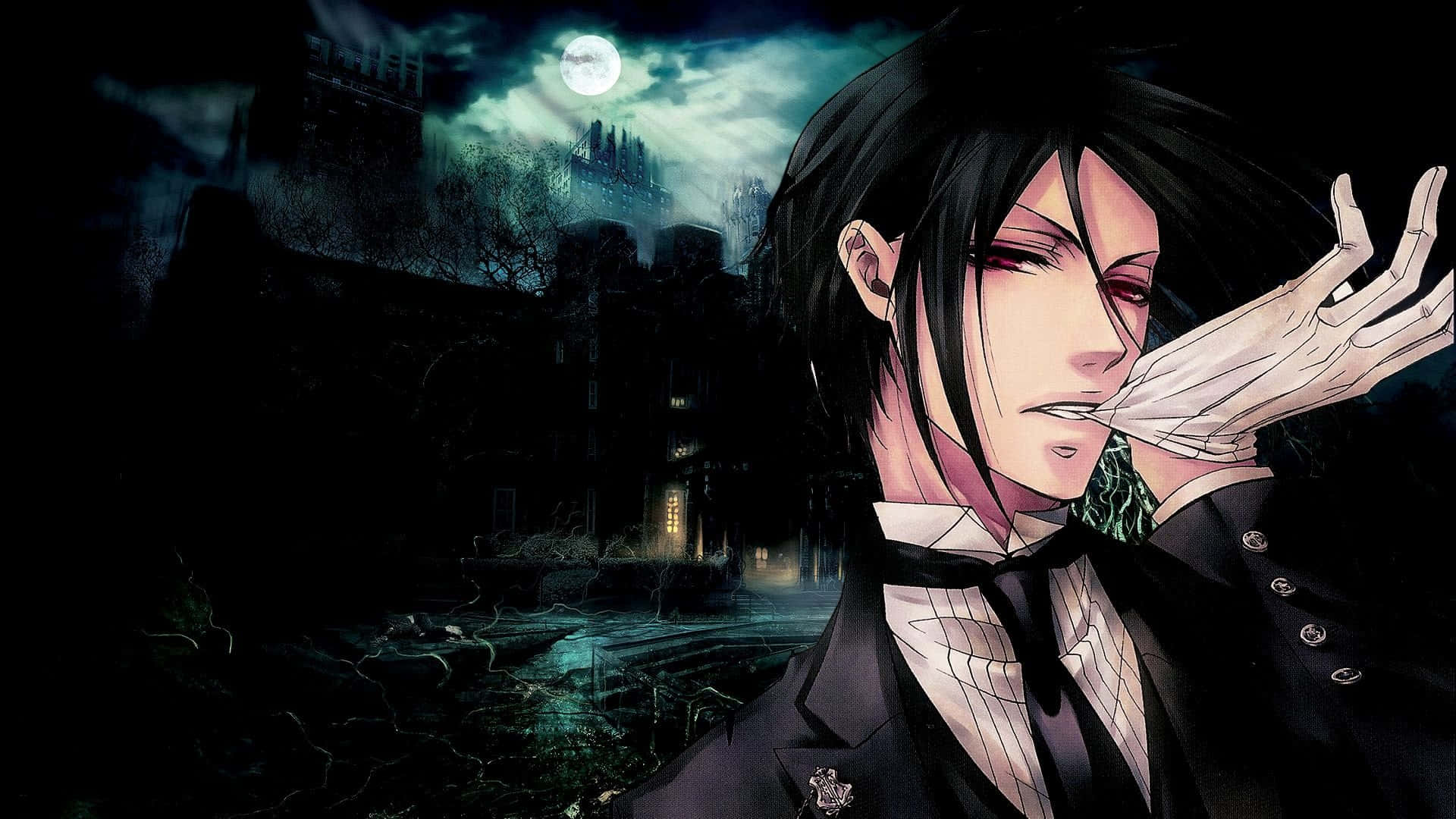 Black Butler 桌布 壁紙 — 一個黑髮動漫角色穿著正式西裝，站在月光照耀的哥德式城市景觀前，水面散發詭異光芒。