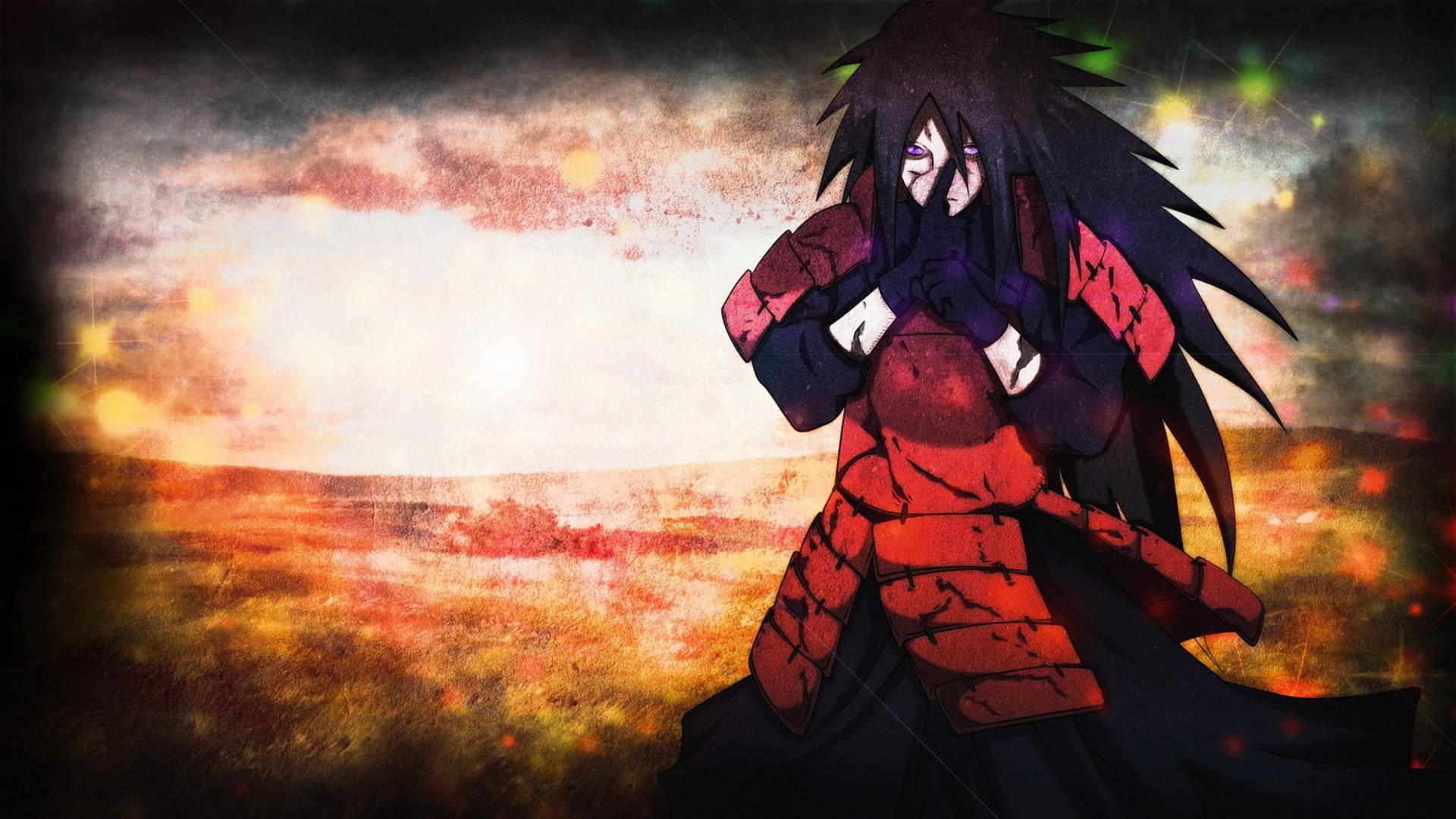 穿著紅色盔甲的動漫角色站在熾熱的日落景觀中。 — 斑 GIF 壁紙