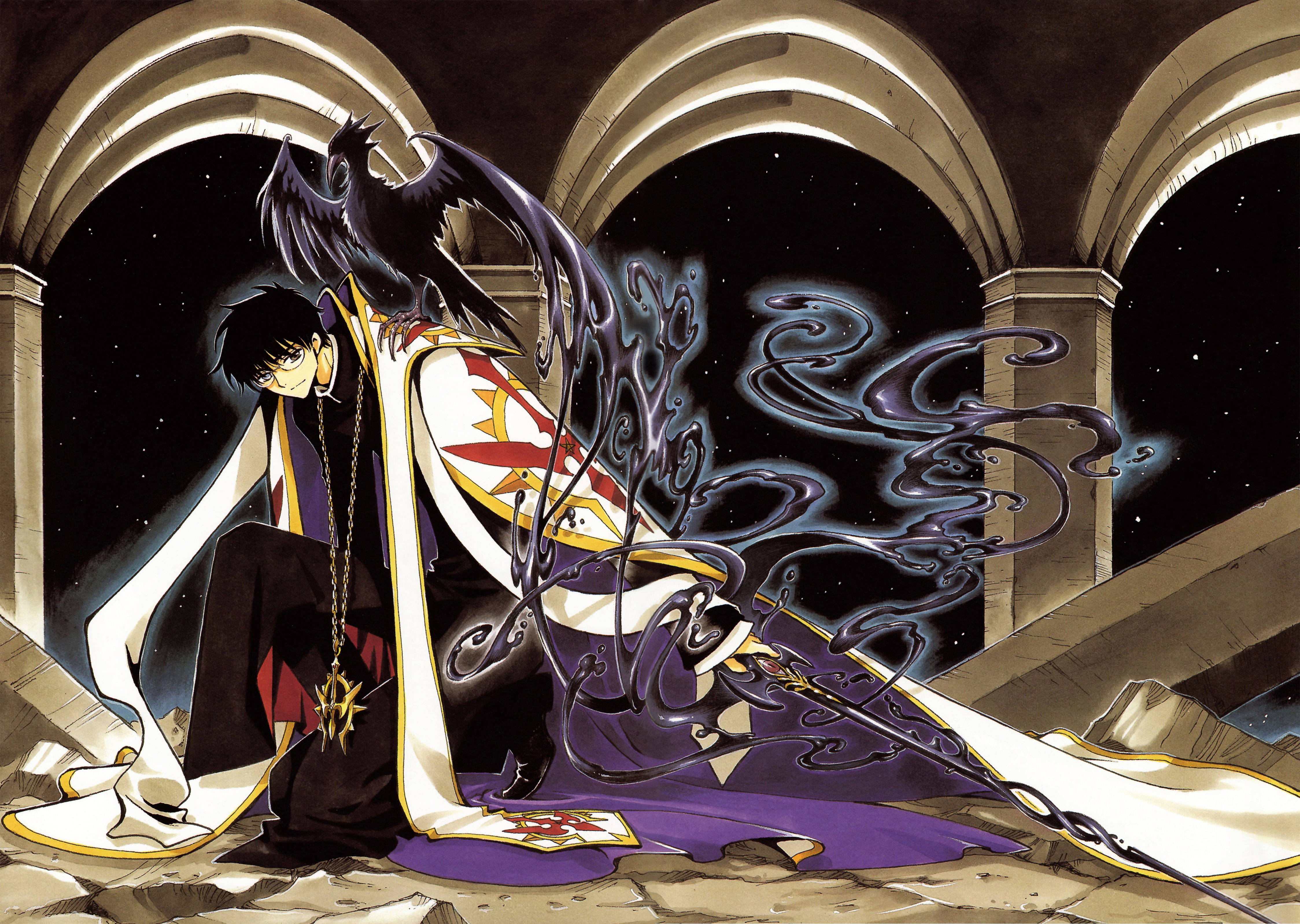 tsubasa reservoir chronicle 桌布 壁紙 — 一個黑髮動漫角色穿著華麗長袍坐在石拱門下，一隻黑色烏鴉棲息在他的肩膀上，旋轉的黑暗能量從他的手中流出。