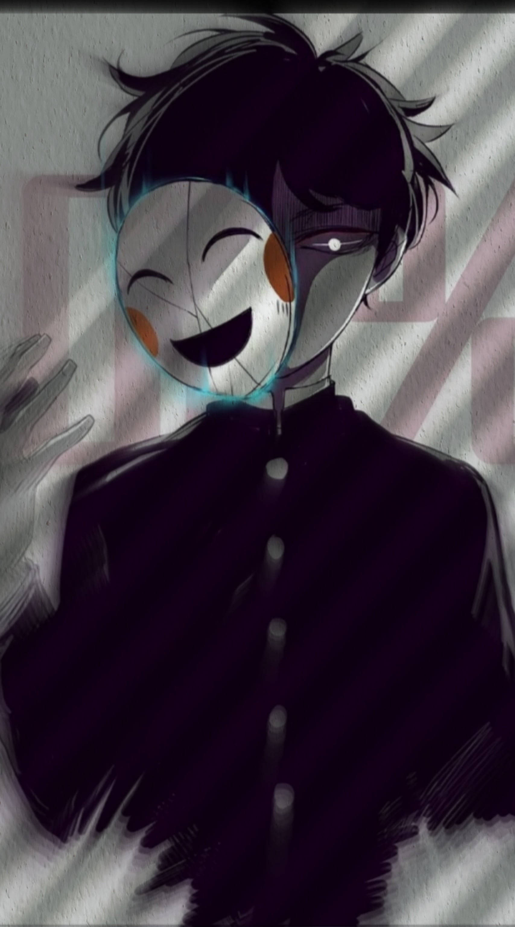 psycho 桌布 壁紙 — 一個黑髮動漫角色穿著黑色制服，在紋理牆壁前將一個發光的歡樂面具遮住半張臉。