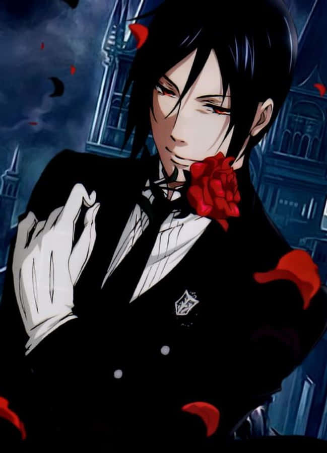 sebastian michaelis 桌布 壁紙 — 一個黑髮動漫角色穿著黑色西裝，在暴風雨天空下的哥德式城市背景下手持一朵紅玫瑰。
