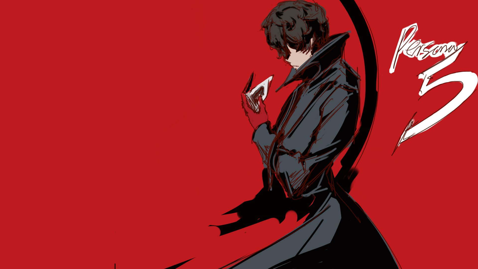 ren amamiya 桌布 壁紙 — 一個黑髮動漫角色穿著黑色風衣，在鮮紅色背景前拿著一張白色卡片，上面有以白色風格字體寫成的「Persona 5」。