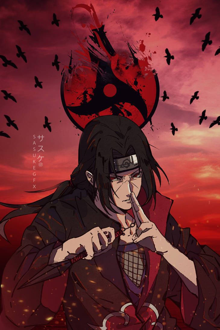 akatsuki itachi 桌布 壁紙 — 一個黑髮動漫角色身穿紅色斗篷，在血紅色的天空下握著苦無，背景有黑鳥和寫輪眼符號。