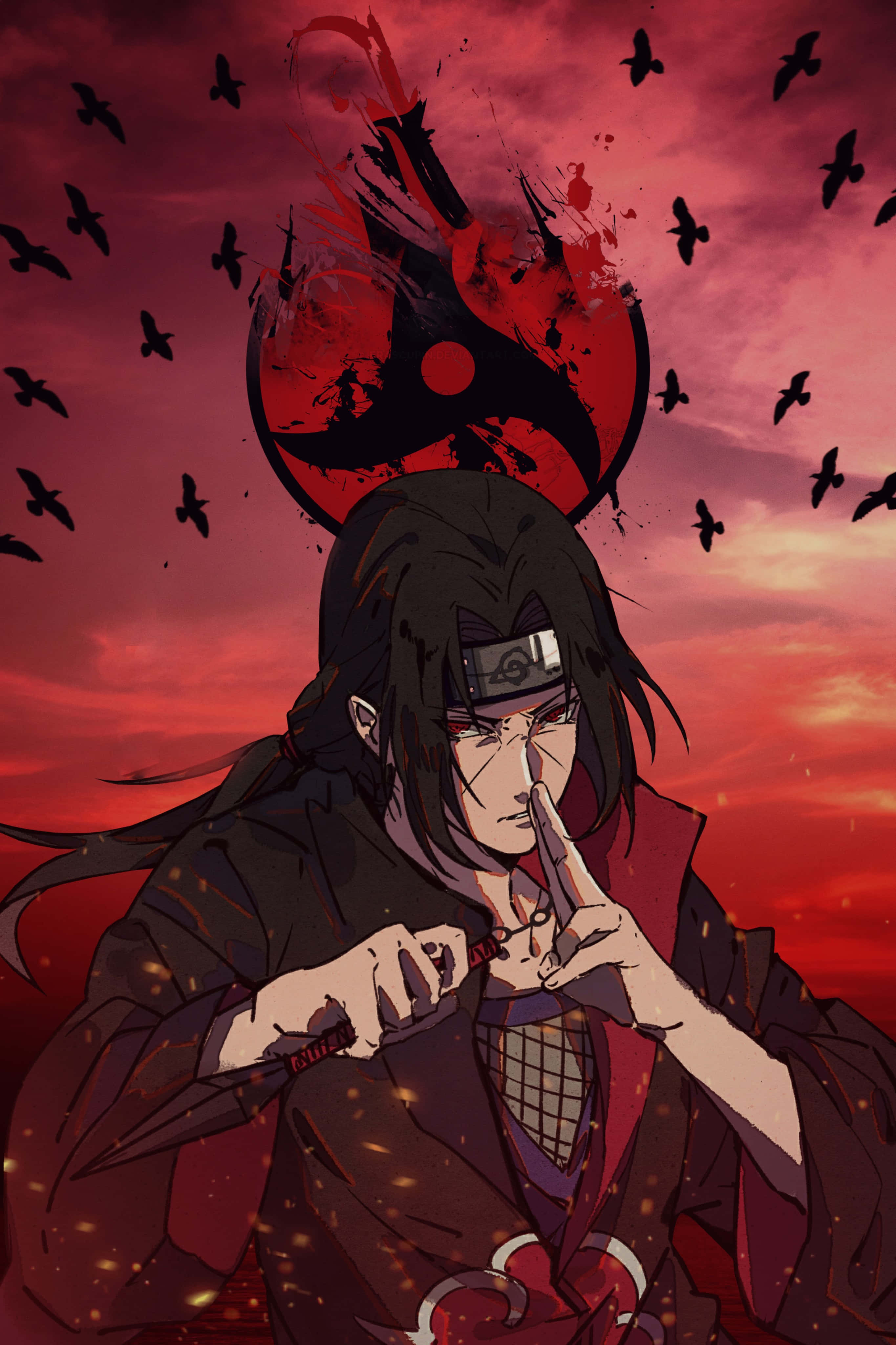 Jutsu 桌布 壁紙 — 一個黑髮動漫角色身穿紅黑斗篷，手持苦無，背景是血紅色的天空，有飛翔的烏鴉和一個巨大的寫輪眼符號。