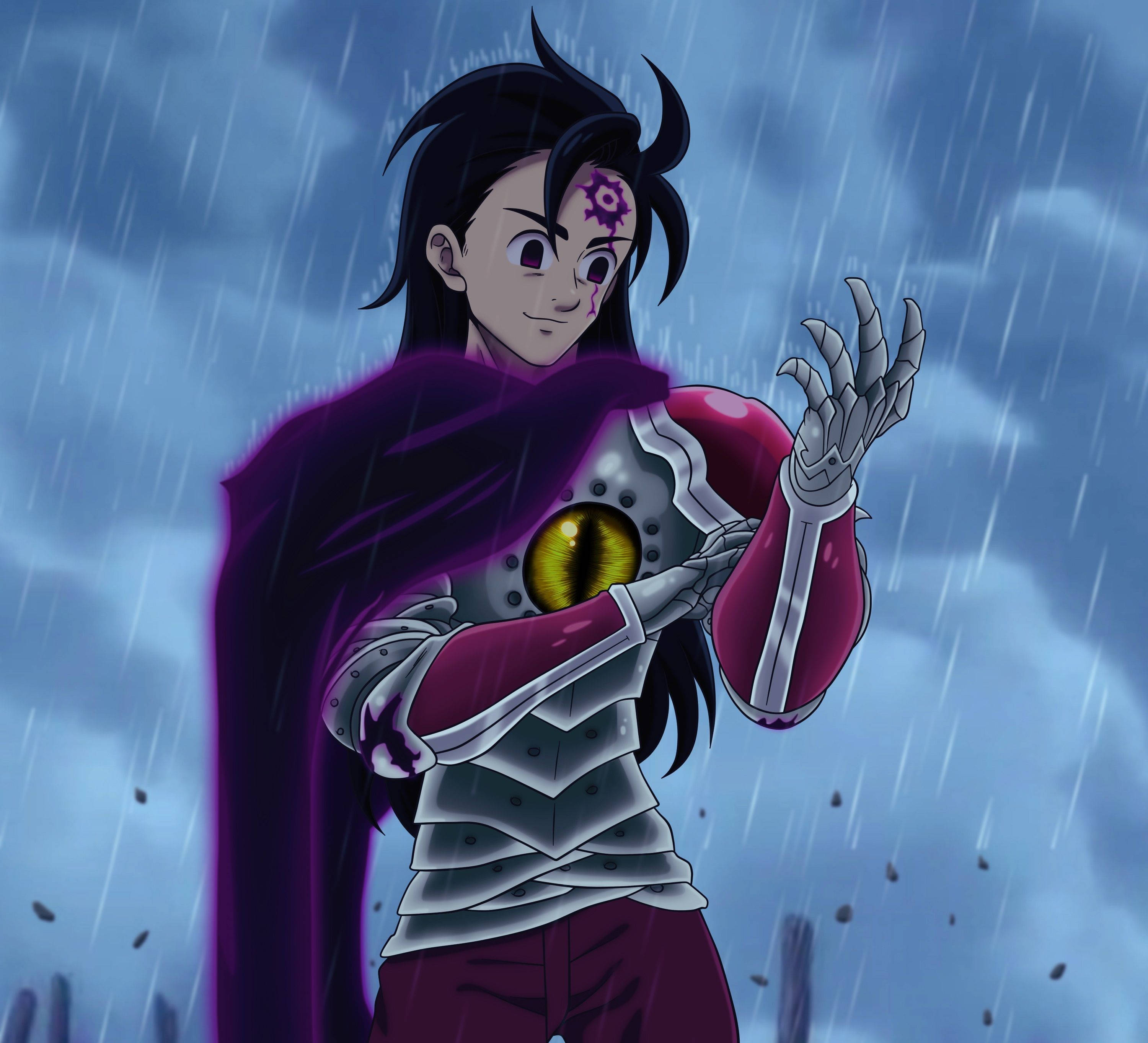 zeldris 桌布 壁紙 — 一個黑髮動漫角色身穿紫色盔甲和斗篷，在暴風雨的天空下站在雨中，手持一個發光的黃色眼睛。