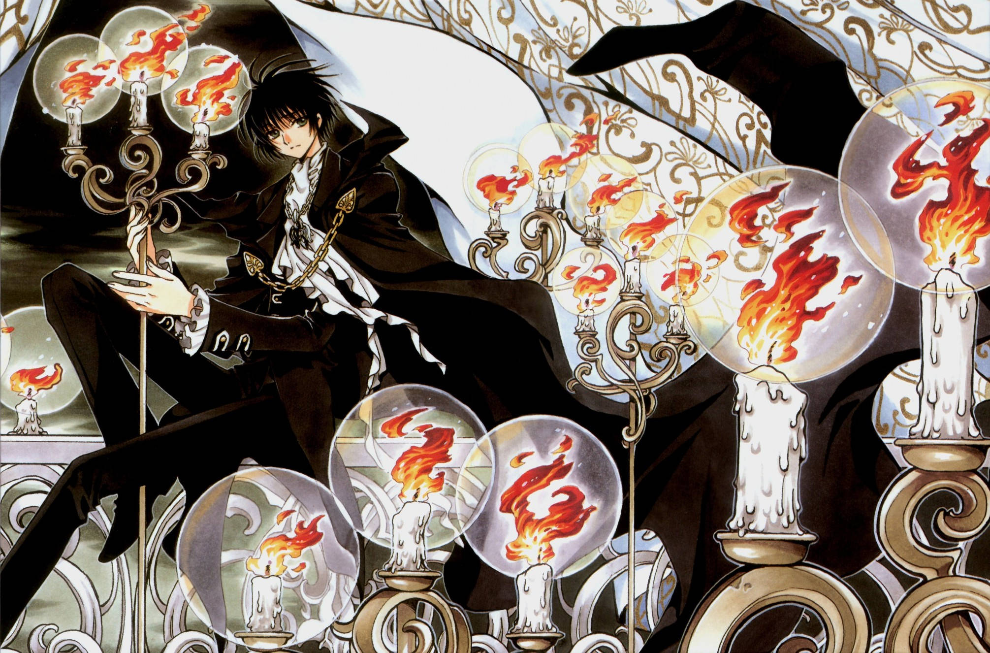tsubasa reservoir chronicle 桌布 壁紙 — 一個黑髮動漫角色身穿黑色外套，坐在裝飾華麗的燭台之間，燭台上有玻璃球罩著的燃燒蠟燭。