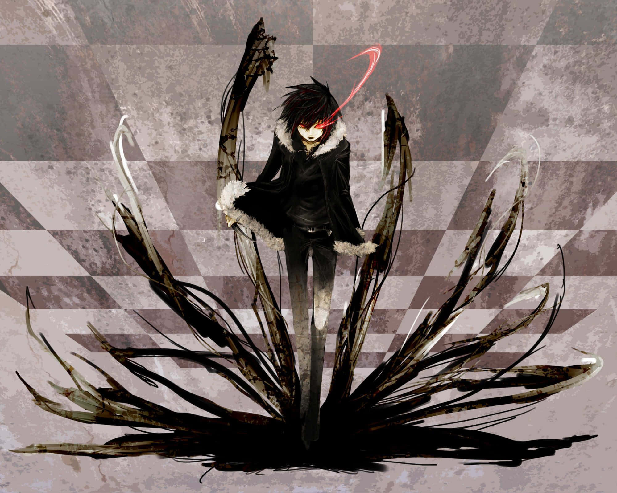 durarara 桌布 壁紙 — 一個黑髮動漫角色身穿黑色外套配白色毛邊，站在鋸齒狀黑色藤蔓之間，背景是灰色格紋，上方有紅色發光弧線。