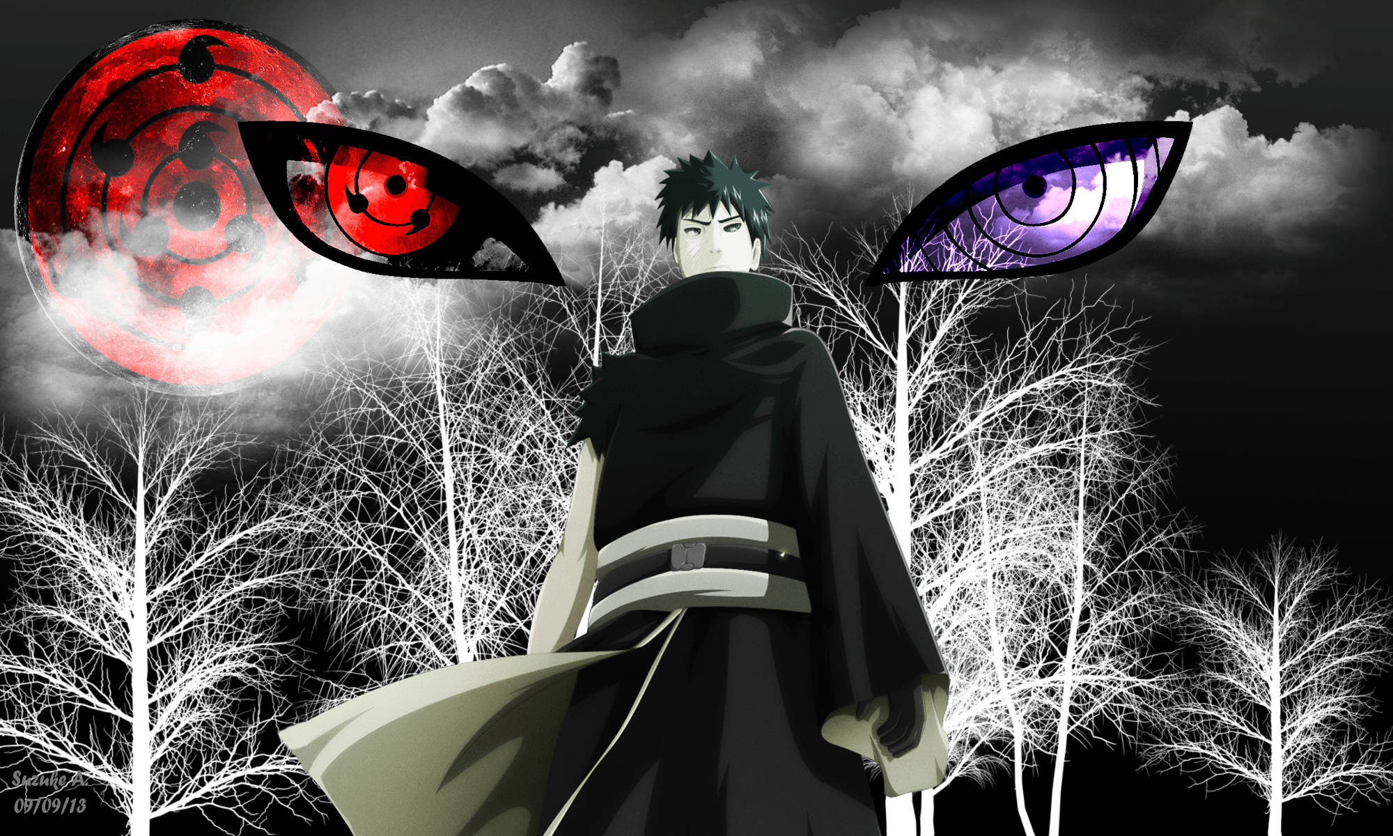 Shisui Uchiha 桌布 壁紙 — 一個黑髮動漫角色身穿黑色斗篷，站在發光的紅色和紫色眼睛前，背景是嚴酷的冬季森林。