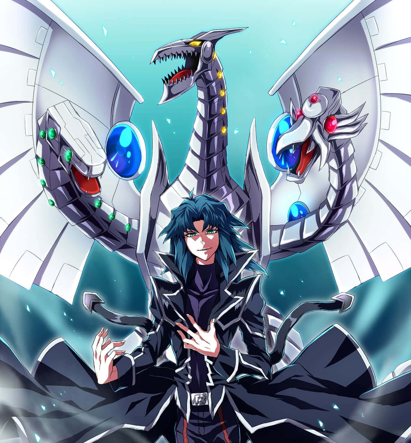 Zane Truesdale 桌布 壁紙 — 一個黑髮動漫角色身穿黑色盔甲，站在一隻三頭機械龍面前，機械龍有發光的藍色眼睛和紅色嘴巴。