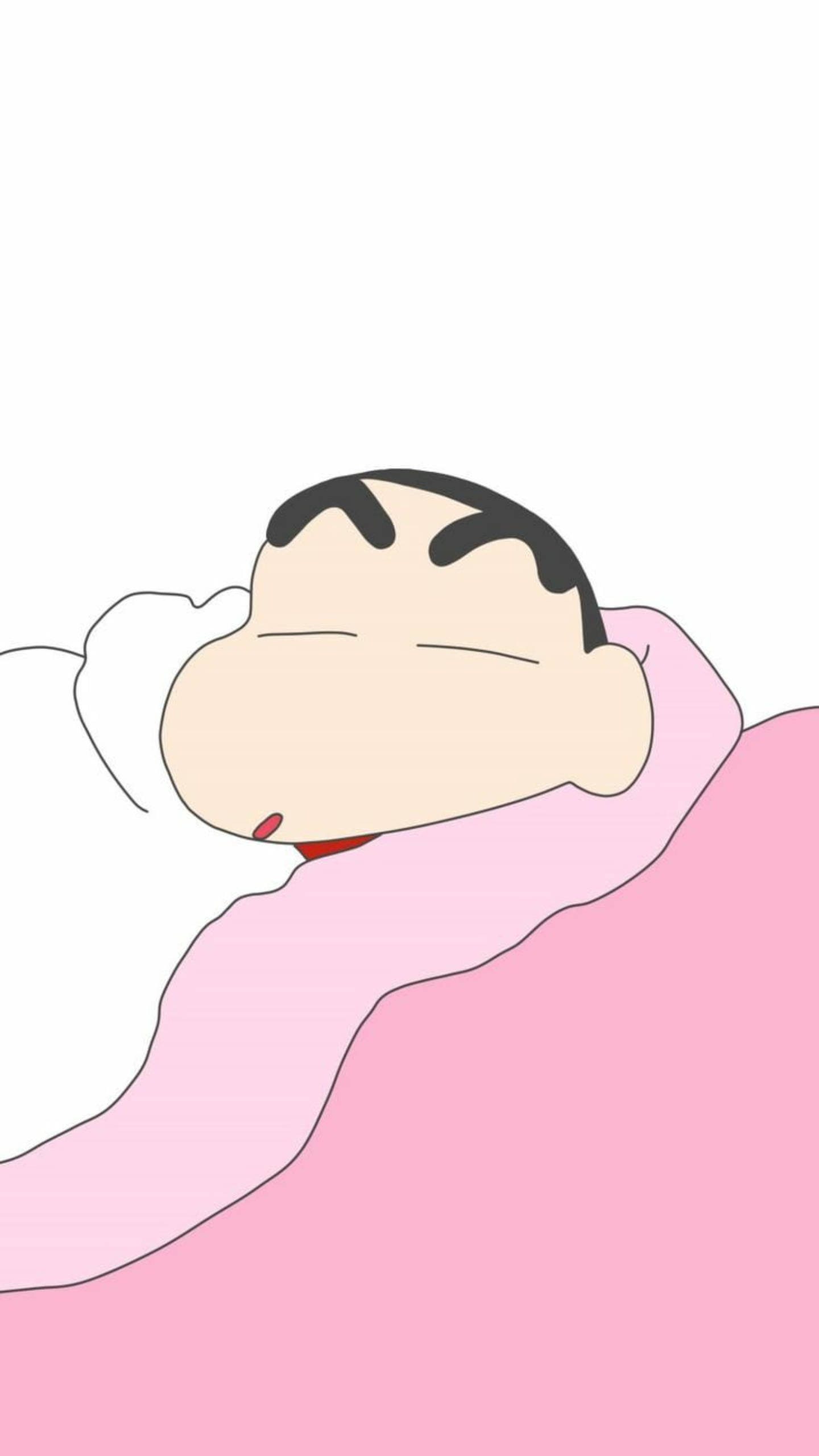 shinchan 桌布 壁紙 — 一個黑髮卡通男孩在粉紅色毯子和白色枕頭下安詳地睡覺。