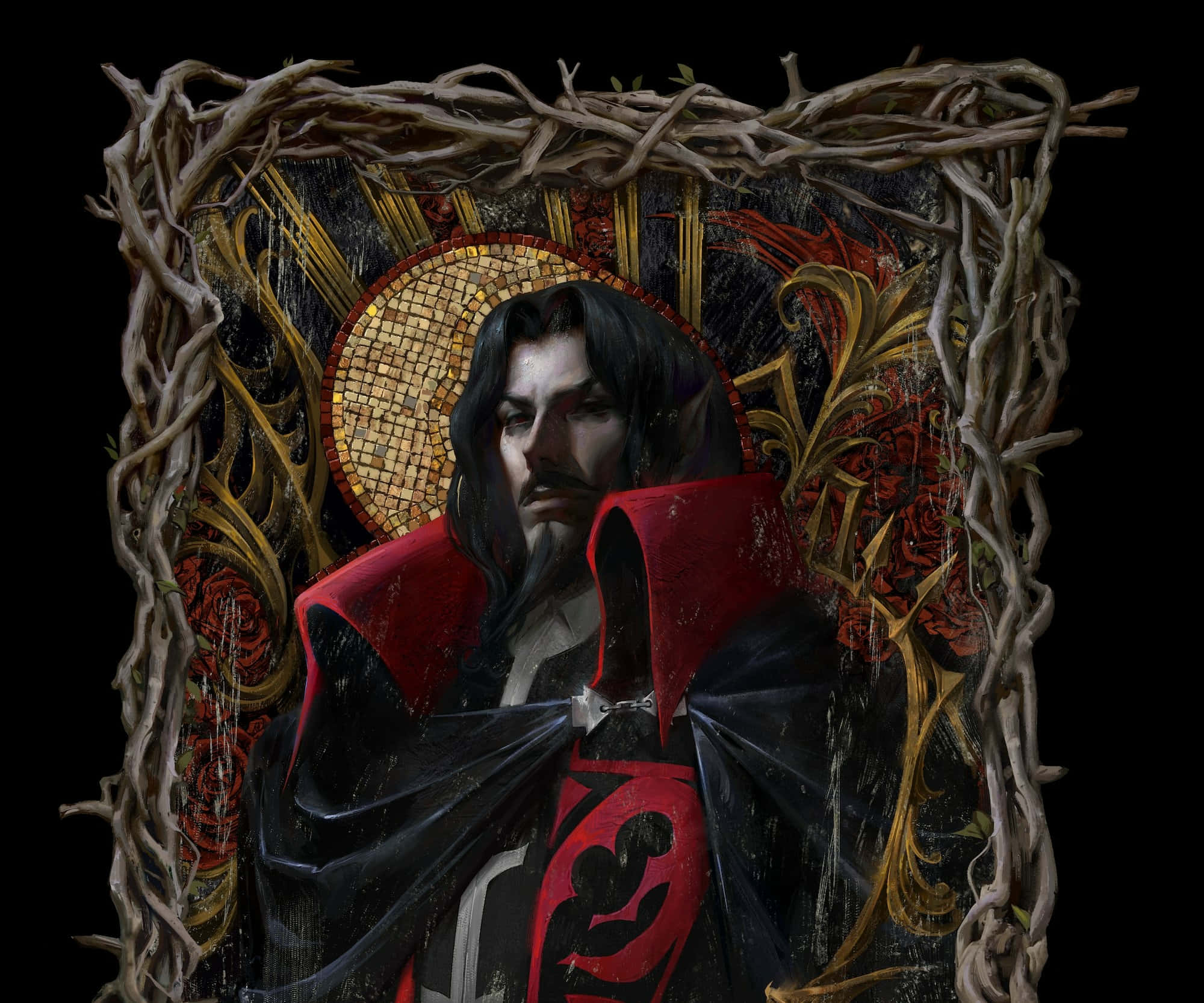 Castlevania 桌布 壁紙 — 一個黑髮吸血鬼披著紅色斗篷，坐在扭曲樹枝構成的框架中，背景是金色馬賽克和紅色花卉。
