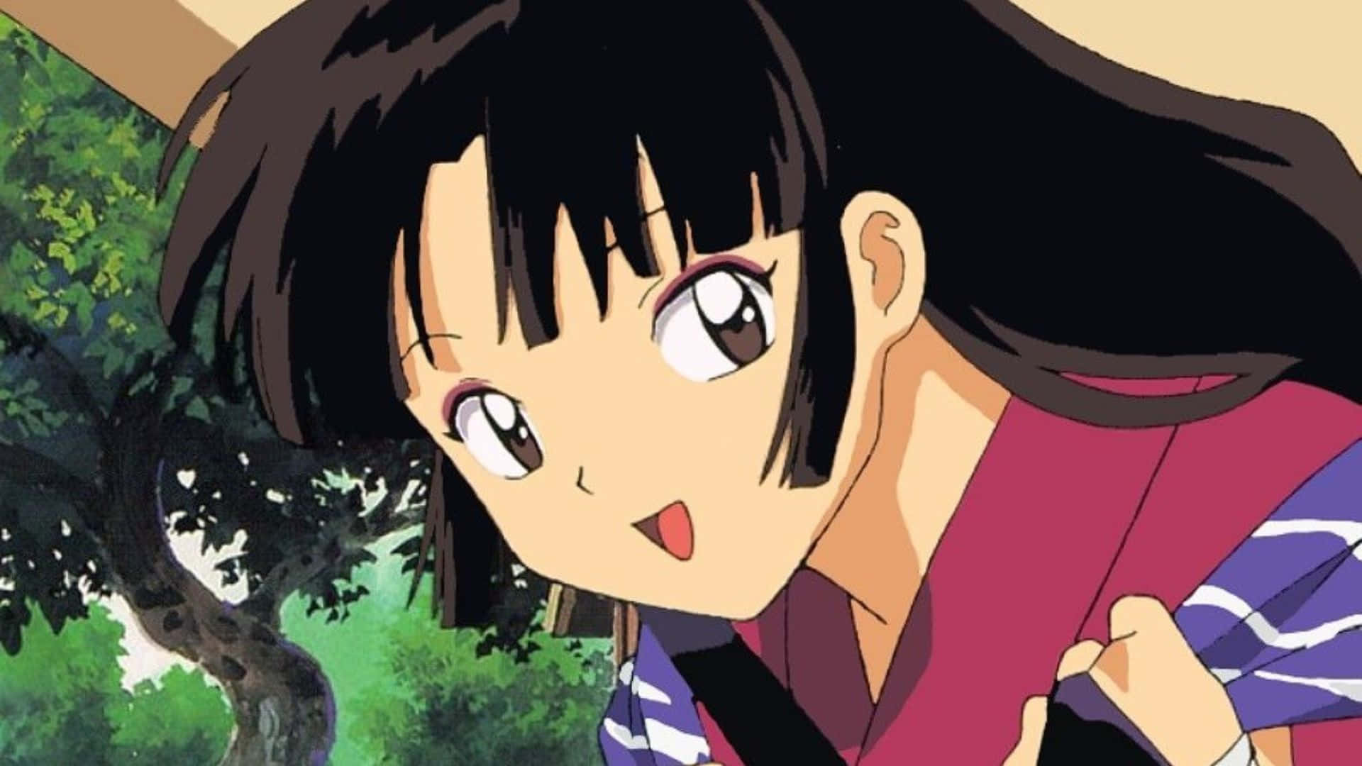 Sango 桌布 壁紙 — 一個黑髮大眼的驚訝動漫女孩從茂密綠色森林的樹後探出頭來。