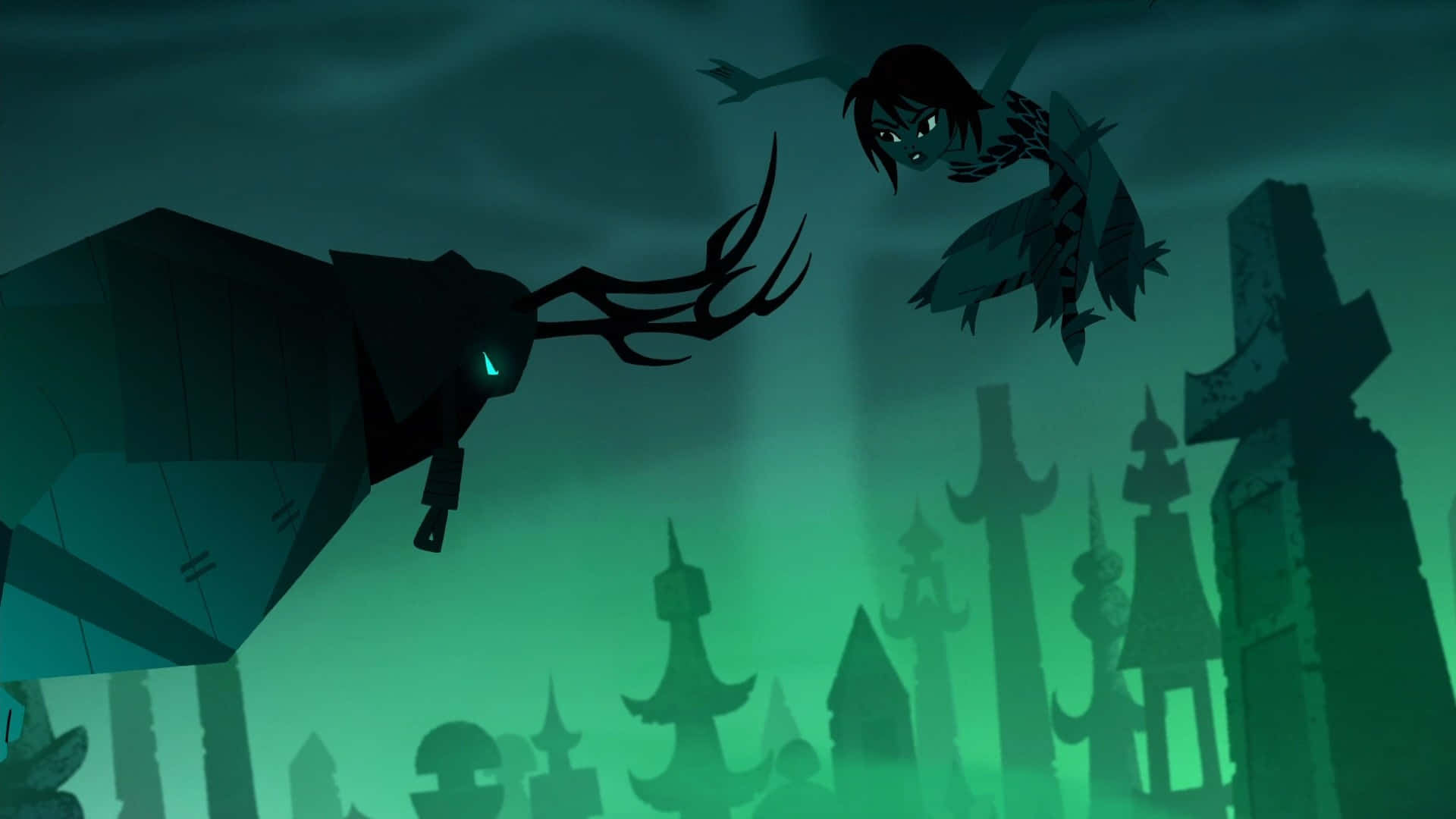 samurai jack 桌布 壁紙 — 一個黑髮女孩，眼睛發光，跳向一隻帶有發光眼睛的威脅性黑雄鹿，背景是綠色調的哥德式城市景觀。