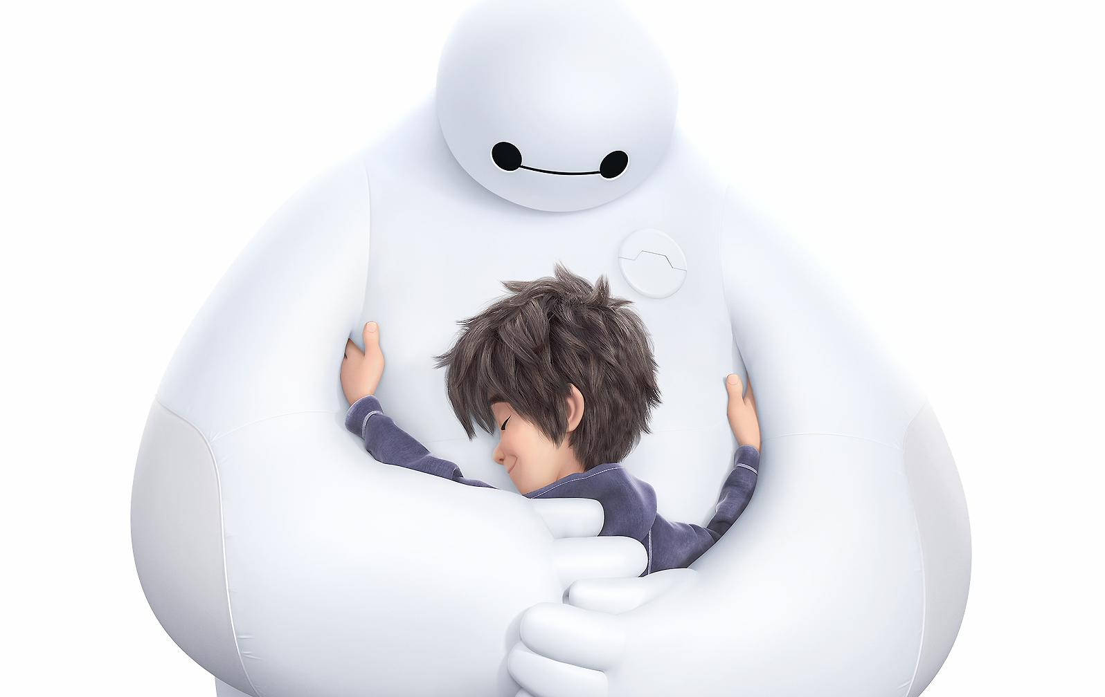 Baymax 桌布 壁紙 — 一個黑髮小男孩被一個有簡單黑色眼睛的巨型白色充氣機器人擁抱著，安然入睡。