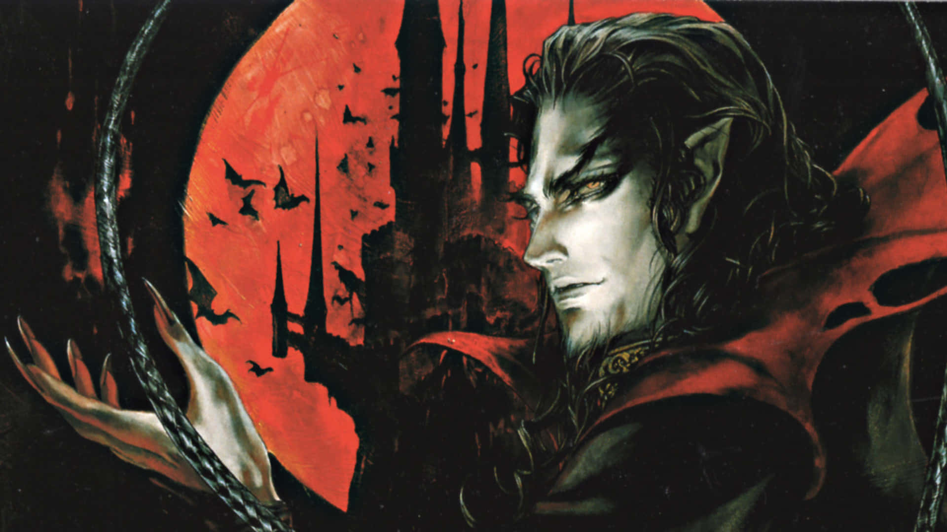 Castlevania 桌布 壁紙 — 一個黑髮尖耳、身穿紅色斗篷的吸血鬼站在血紅色的月亮前，背景有蝙蝠和哥德式城堡的剪影。