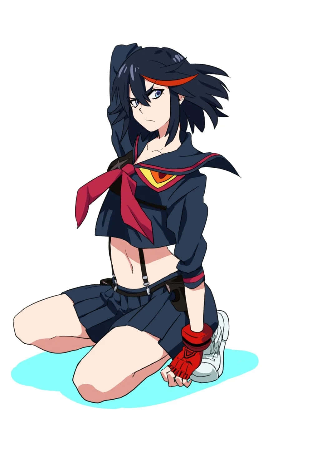 ryuko matoi 桌布 壁紙 — 一個黑髮帶紅色點綴的動漫女孩穿著校服跪在藍色水坑上。