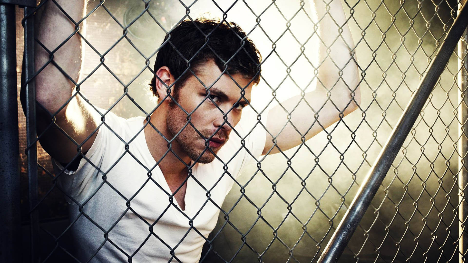 The Vampire Diaries 桌布 壁紙 — 一個黑髮帶鬍渣的男人，透過鐵絲網柵欄凝視，背後有陽光照射。
