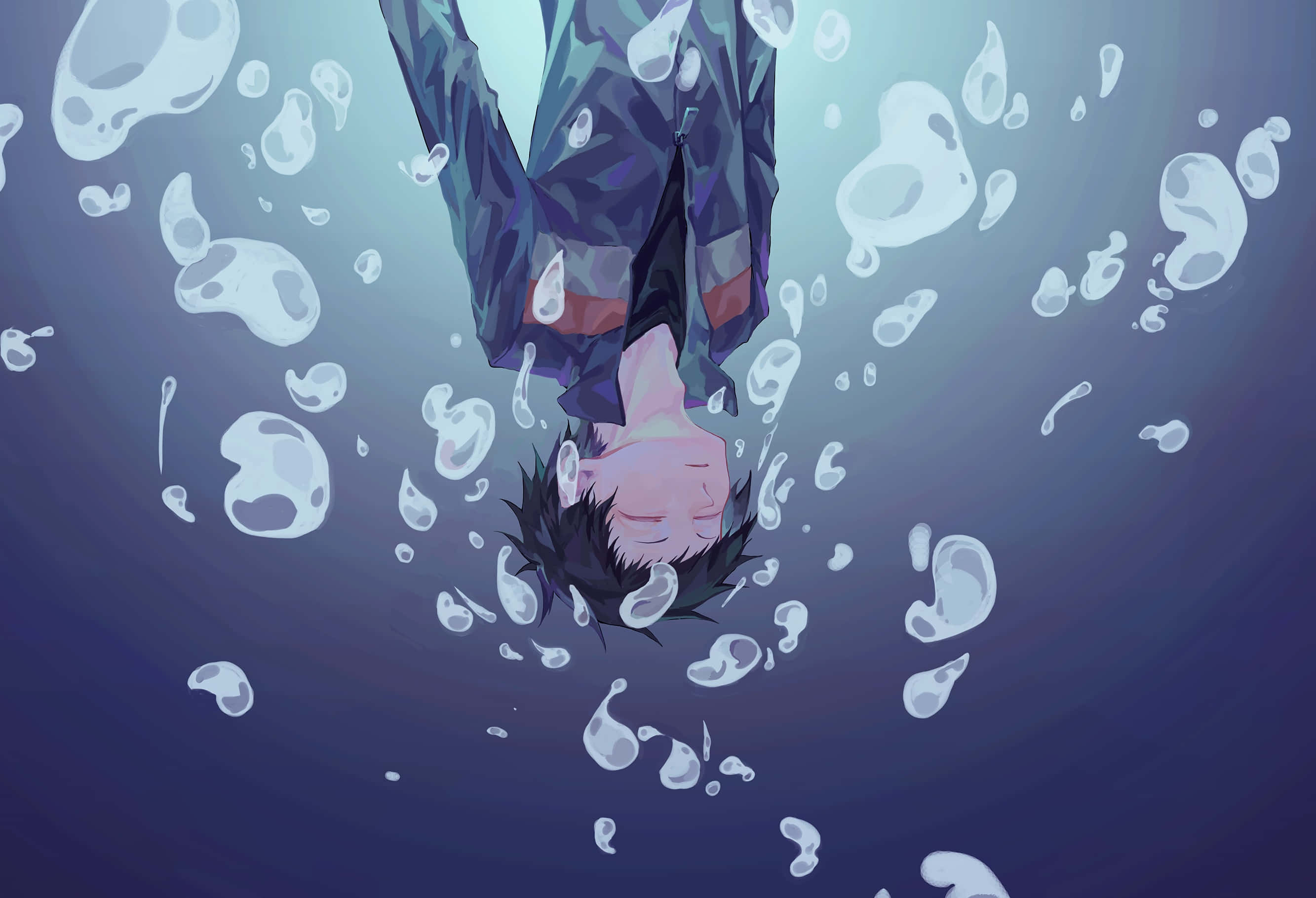 Mikado Ryuugamine 桌布 壁紙 — 一個黑髮年輕男子在水中倒立漂浮，周圍有上升的氣泡，色調為冷藍色。