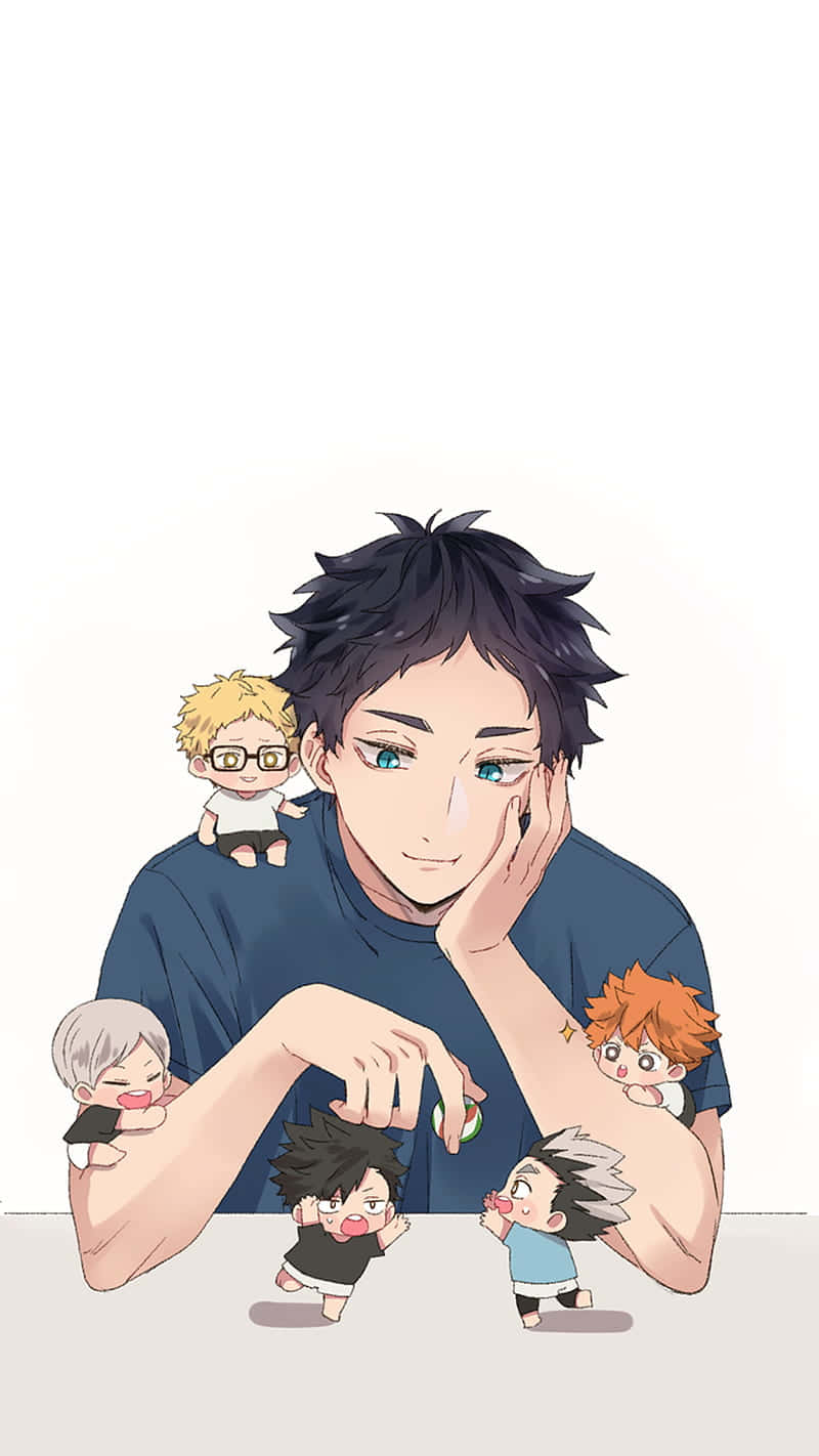 Haikyuu Nekoma 桌布 壁紙 — 一個黑髮年輕男子溫柔地微笑，而他的朋友們的小型Q版版本在他周圍玩耍。