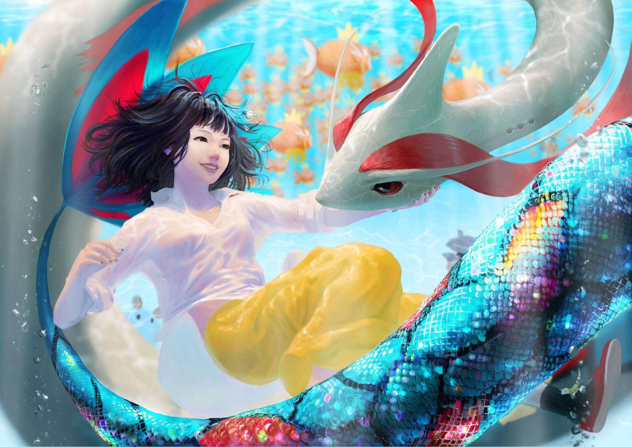 寶可夢 桌布 壁紙 — 一個黑髮微笑的女孩在陽光照射的水下場景中，與閃閃發光的藍色和紅色龍一起游泳。