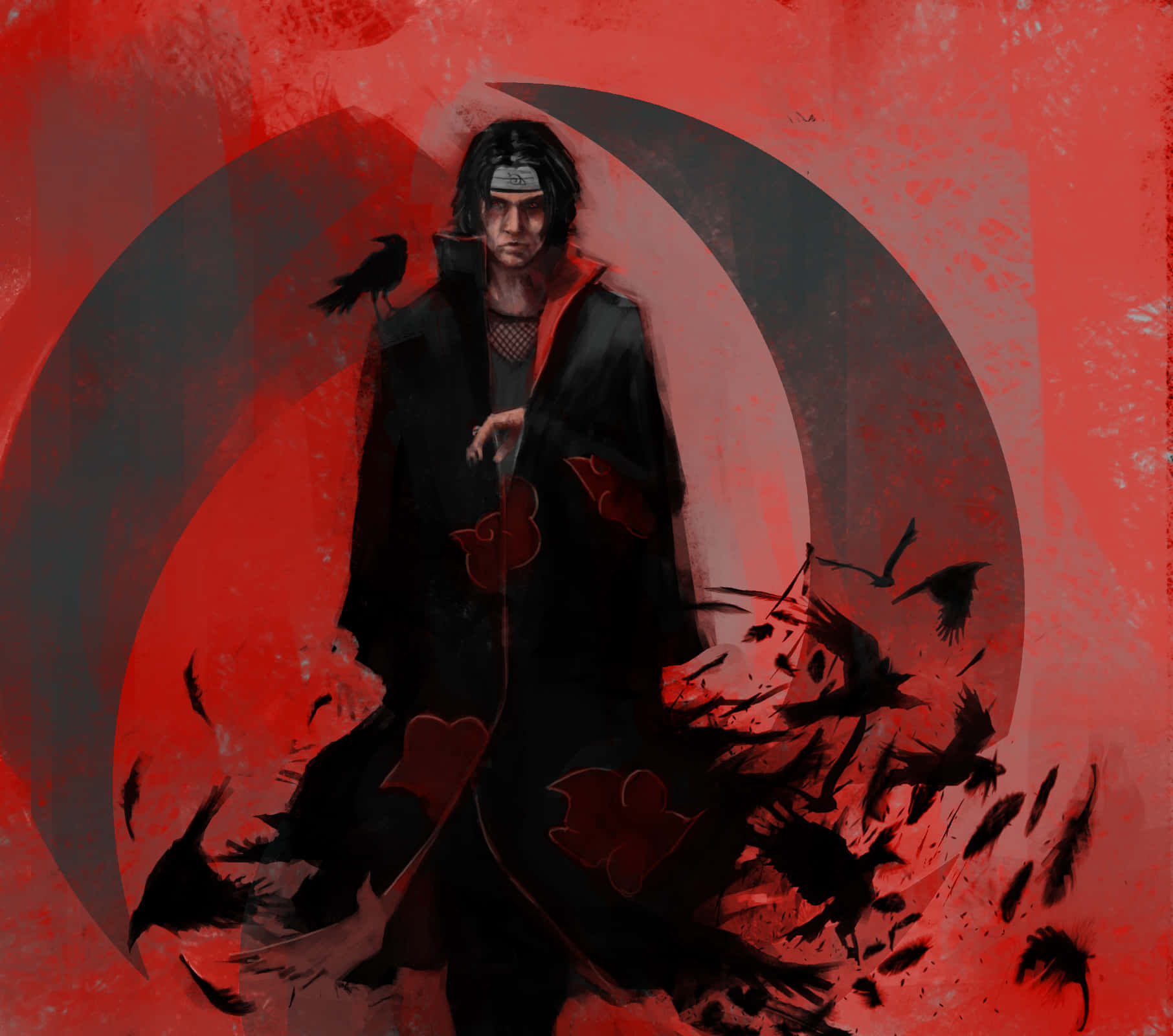 Jutsu 桌布 壁紙 — 一個黑髮忍者身穿帶有紅色雲紋的黑色斗篷，站在鮮紅色背景中，四周環繞著旋轉的紅色和黑色鳥類。