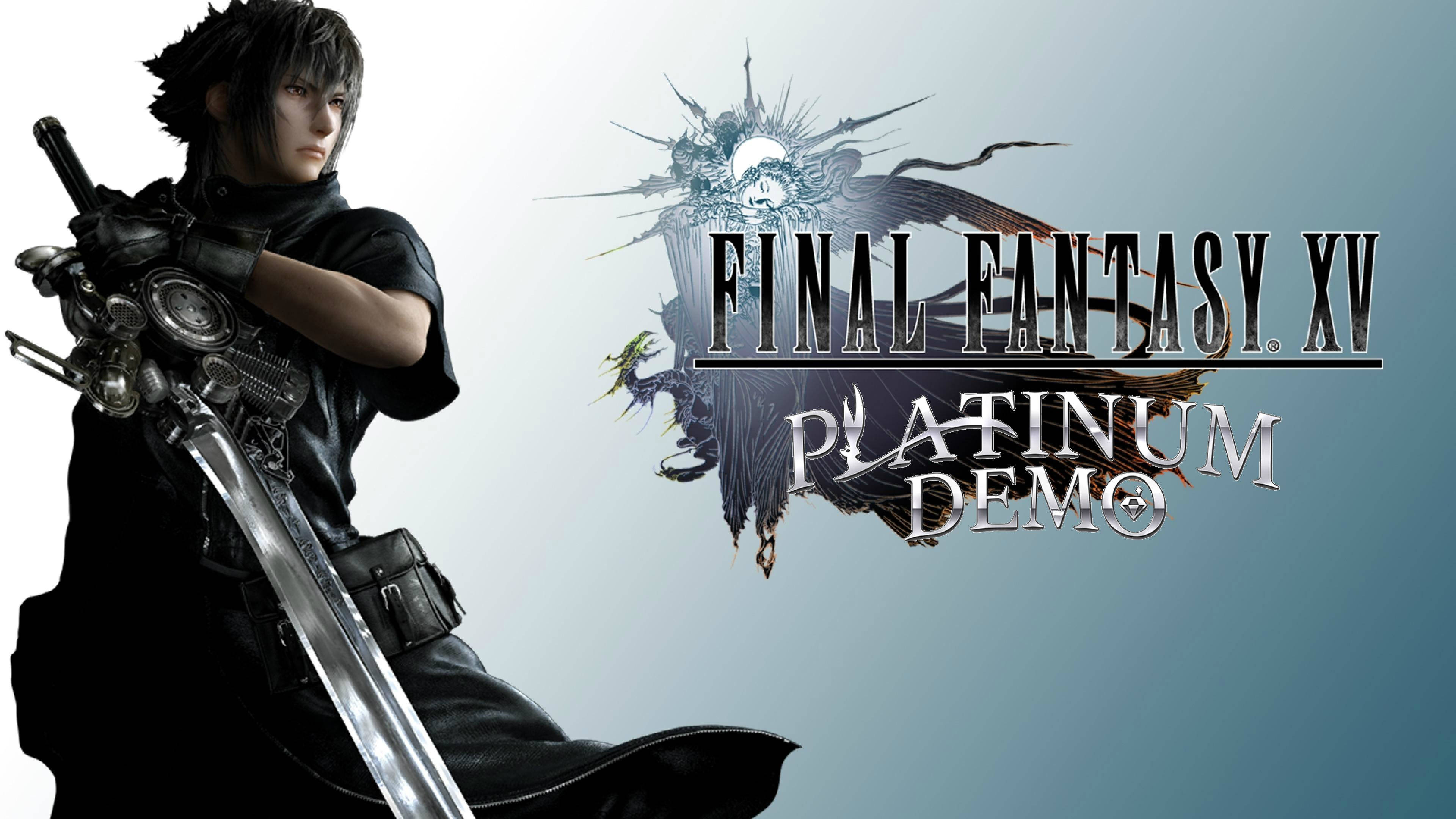 Xv 桌布 壁紙 — 一個黑髮戰士身穿黑色盔甲，在帶有 Final Fantasy XV Platinum Demo 標誌的漸變藍色背景前握著一把閃閃發光的劍。