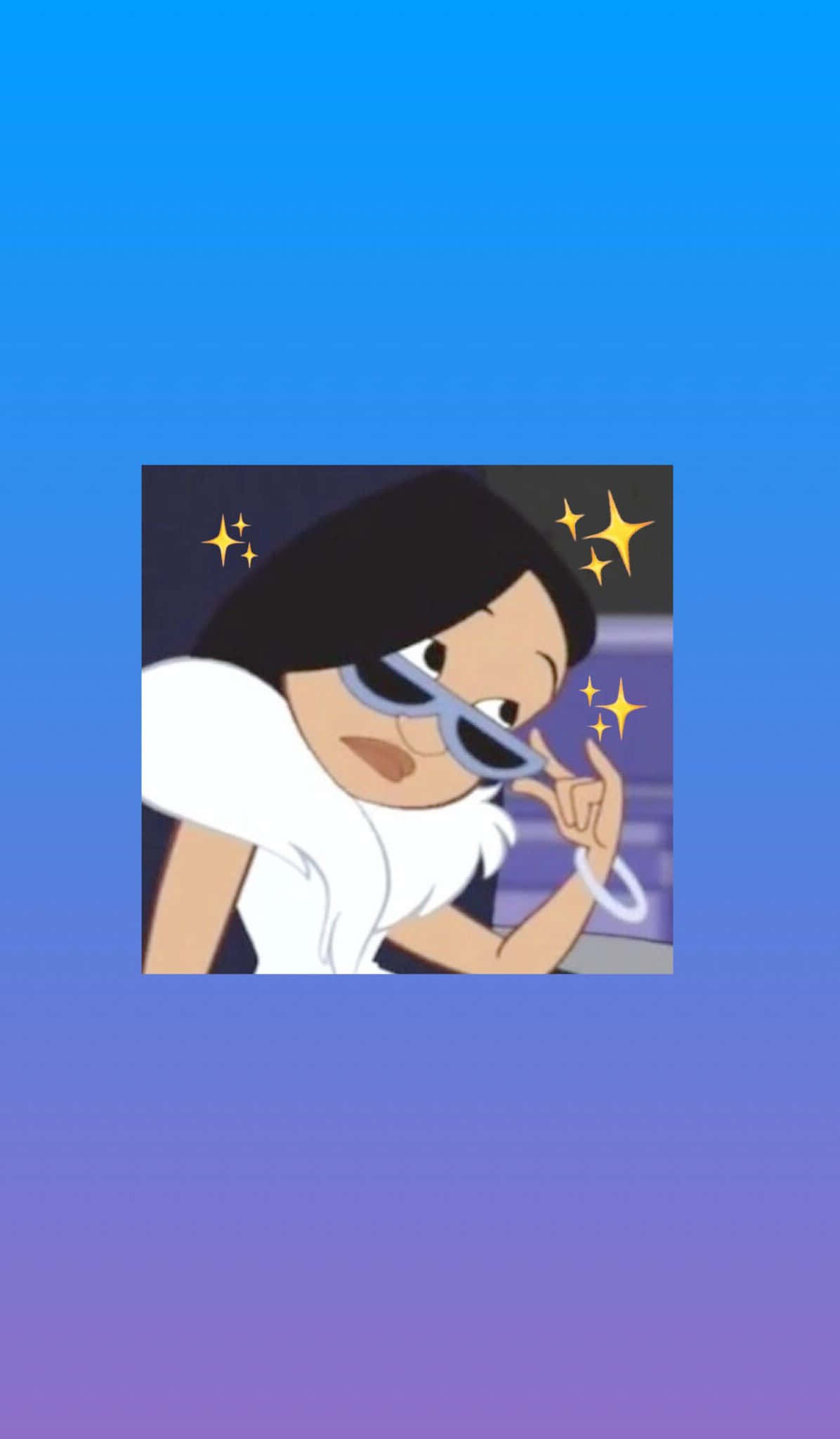 Cartoon Aesthetic iPhone 桌布 壁紙 — 一個黑髮戴太陽眼鏡的卡通女孩，在藍紫漸變背景上擺出酷酷姿勢，周圍有閃爍光芒。